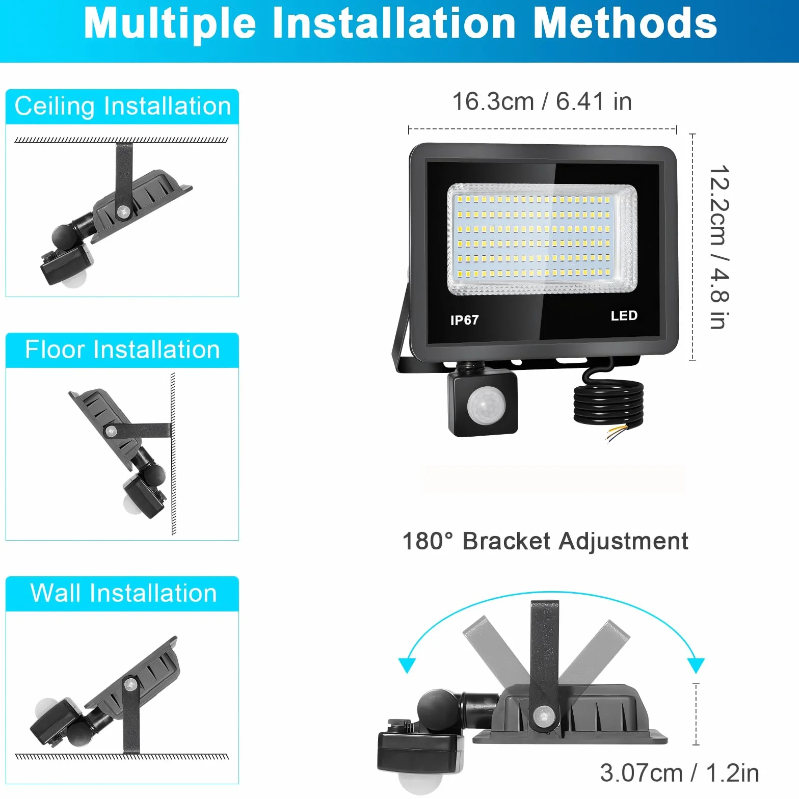 Reflektor LED 50 W z czujnikiem ruchu, do użytku na zewnątrz, 2 sztuki, 5000 lm, 6500 K, zimna biel, reflektor LED, do użytku na zewnątrz, IP67, wodoszczelny, do ogrodu, garażu, mieszkania, na