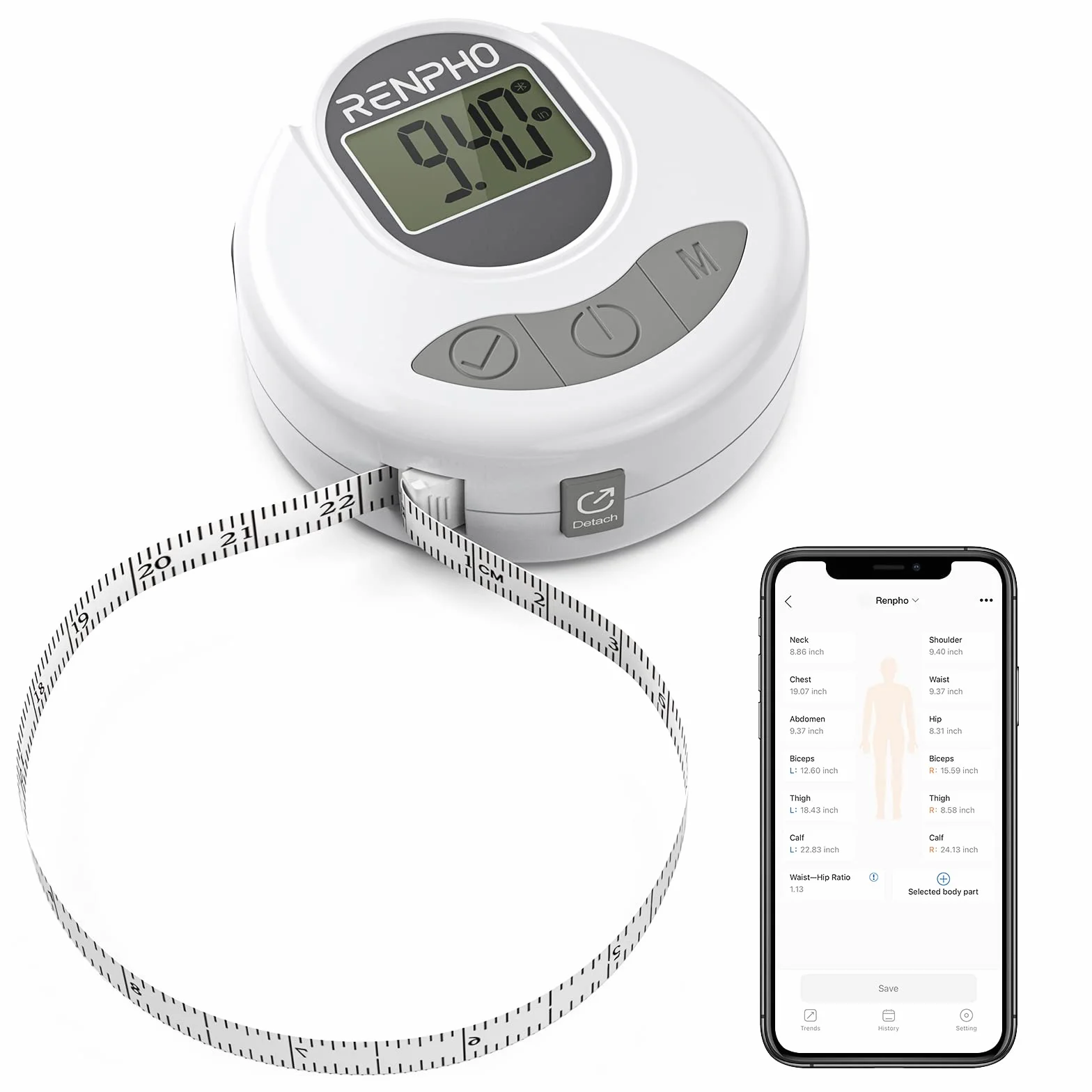 Miarka do Ciała, Cyfrowa Taśma Pomiarowa RENPHO Smart Bluetooth do Pomiaru Ciała, Utraty Wagi, Przyrostu Masy Mięśniowej, Kulturystyki Fitness, Chowania, Automatycznych Dokładnych Pomiarów Obwody Części Ciała