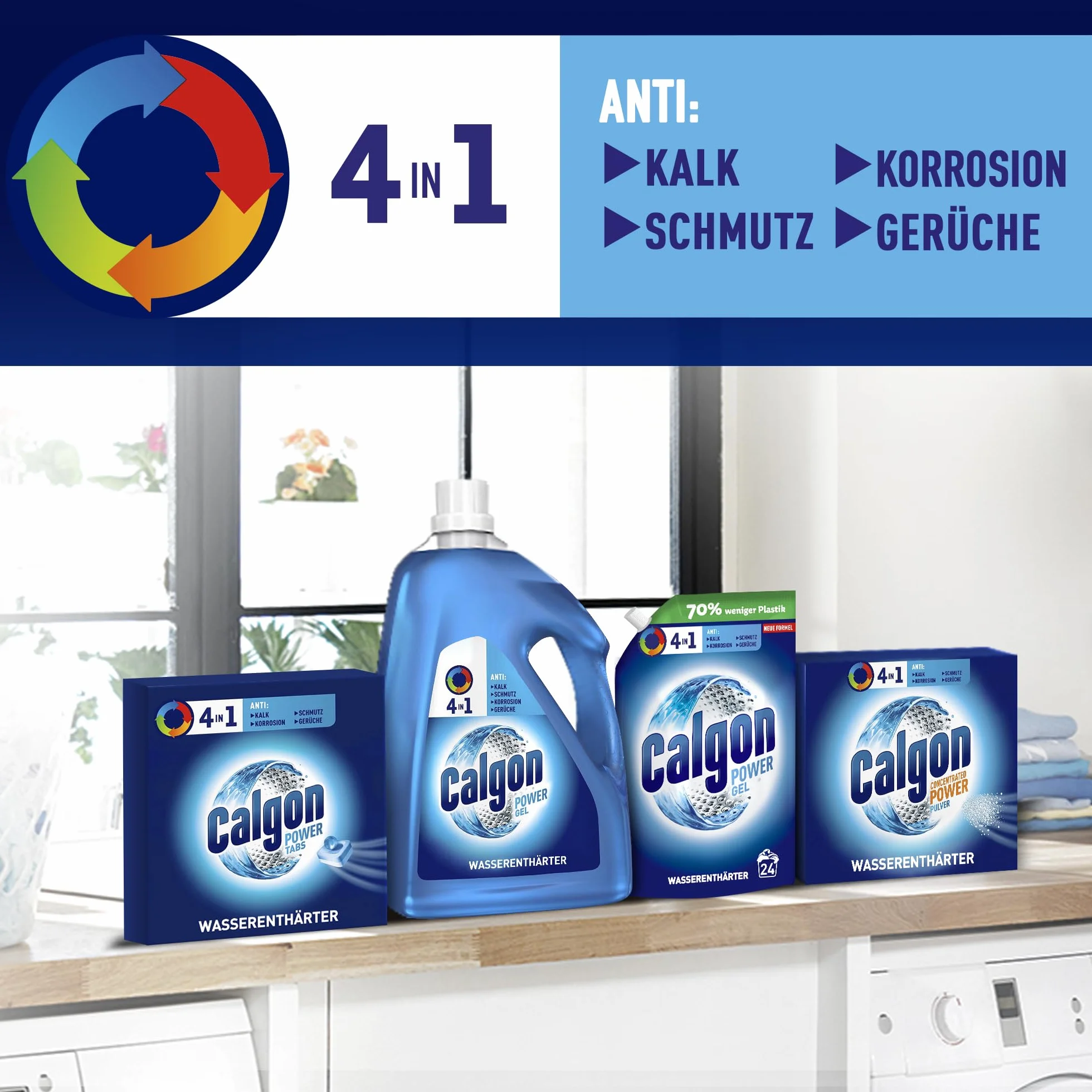 Calgon Power Gel 4 w 1 – skuteczny przeciwko kamieniom, zabrudzeniom, zapachom i korozji, ochronny zmiękczacz wody do pralki, 1 x 2,15 l