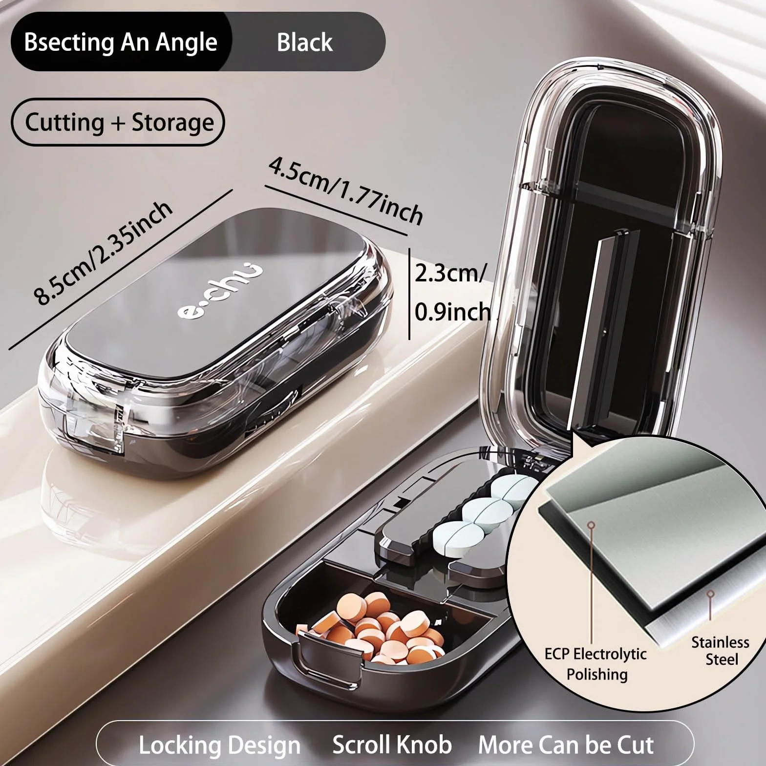 Pill Splitter Tablet Cutter 2 in 1 for Small Large Pills with Storage, Black