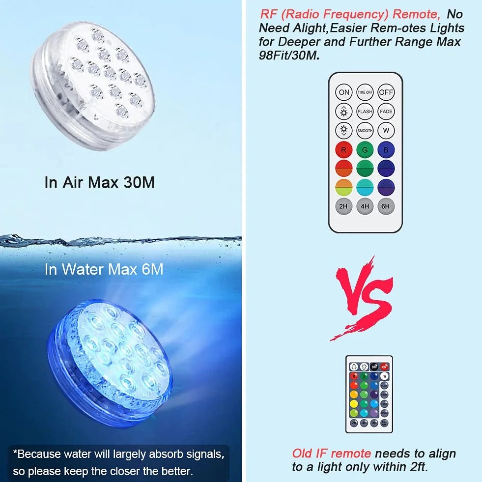 flintronic Oświetlenie podwodne LED, 4 sztuki, 13 diod LED, zmiana koloru IP68, wodoszczelne światło z pilotem zdalnego sterowania RF, 30 m/woda 6 m, małe podwodne światło do basenu/fontanny/akwarium