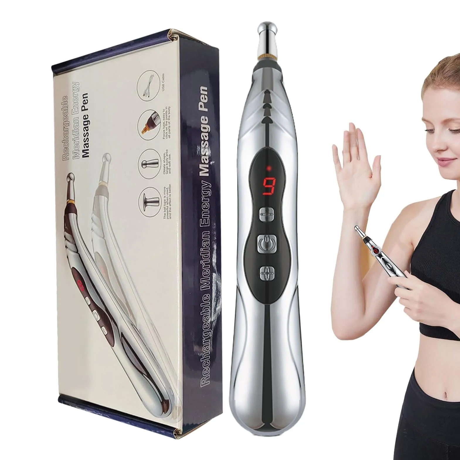 Massage Pen, Meridian Energy Pulse Massage Pen, 203g Portable Rechargeable Electric Stimulator Device with Adjustable Intensity for Muscle Relaxation, Travel, Neck, and Back, 7.09x1.18x1.18Inches