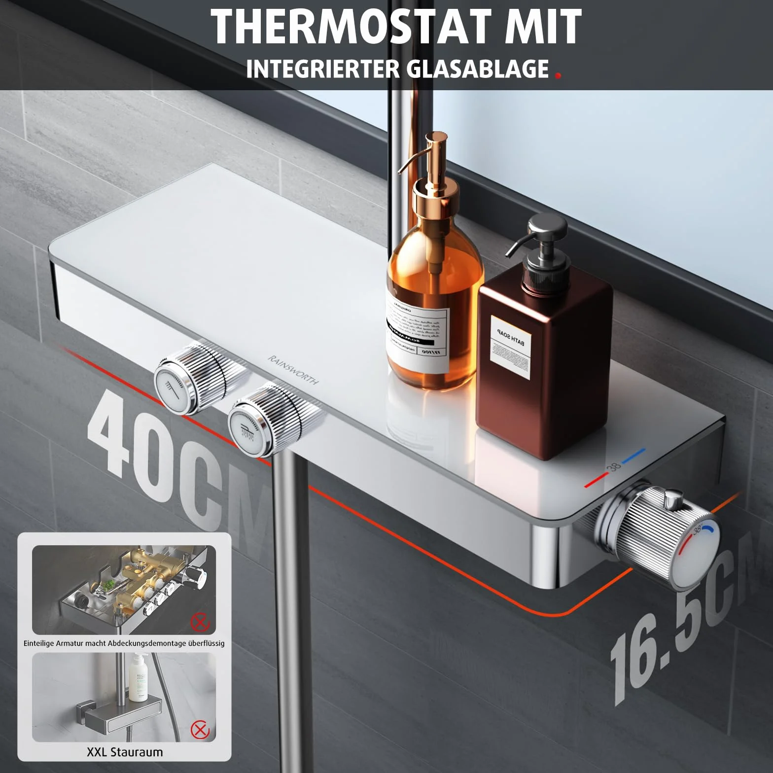 Rainsworth System prysznicowy z termostatem i szklaną półką – obsługa jednym przyciskiem i regulacją przepływu, armatura prysznicowa, deszczownica 26 x 26 cm, słuchawka prysznicowa, 3 rodzaje