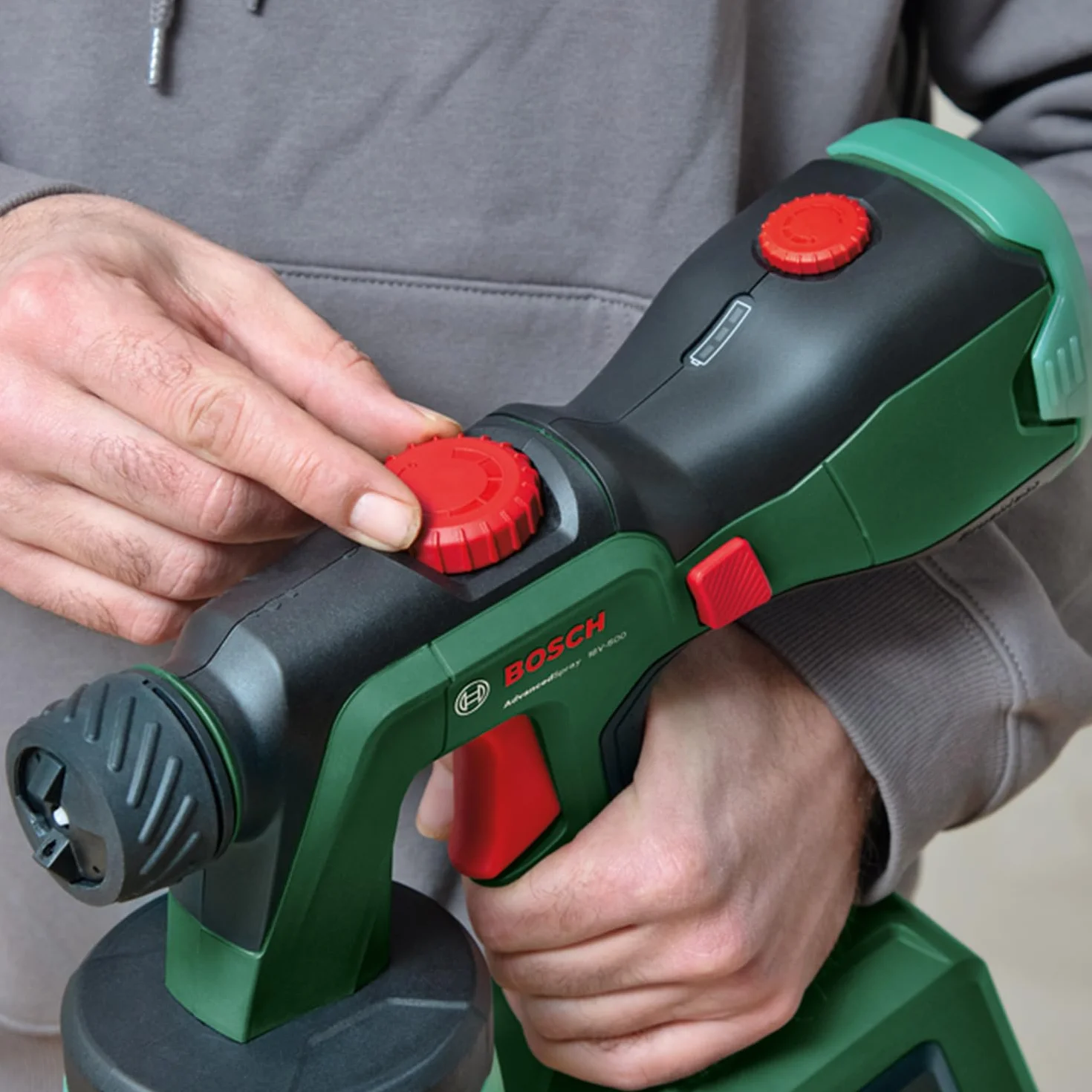 Bosch akumulatorowy pistolet natryskowy AdvancedSpray 18V-500 (do farb dyspersyjnych/lateksowych, lazur i lakierów, 3m²/min, 2 pojemniki 1 200 ml, system 18V, bez akum.)