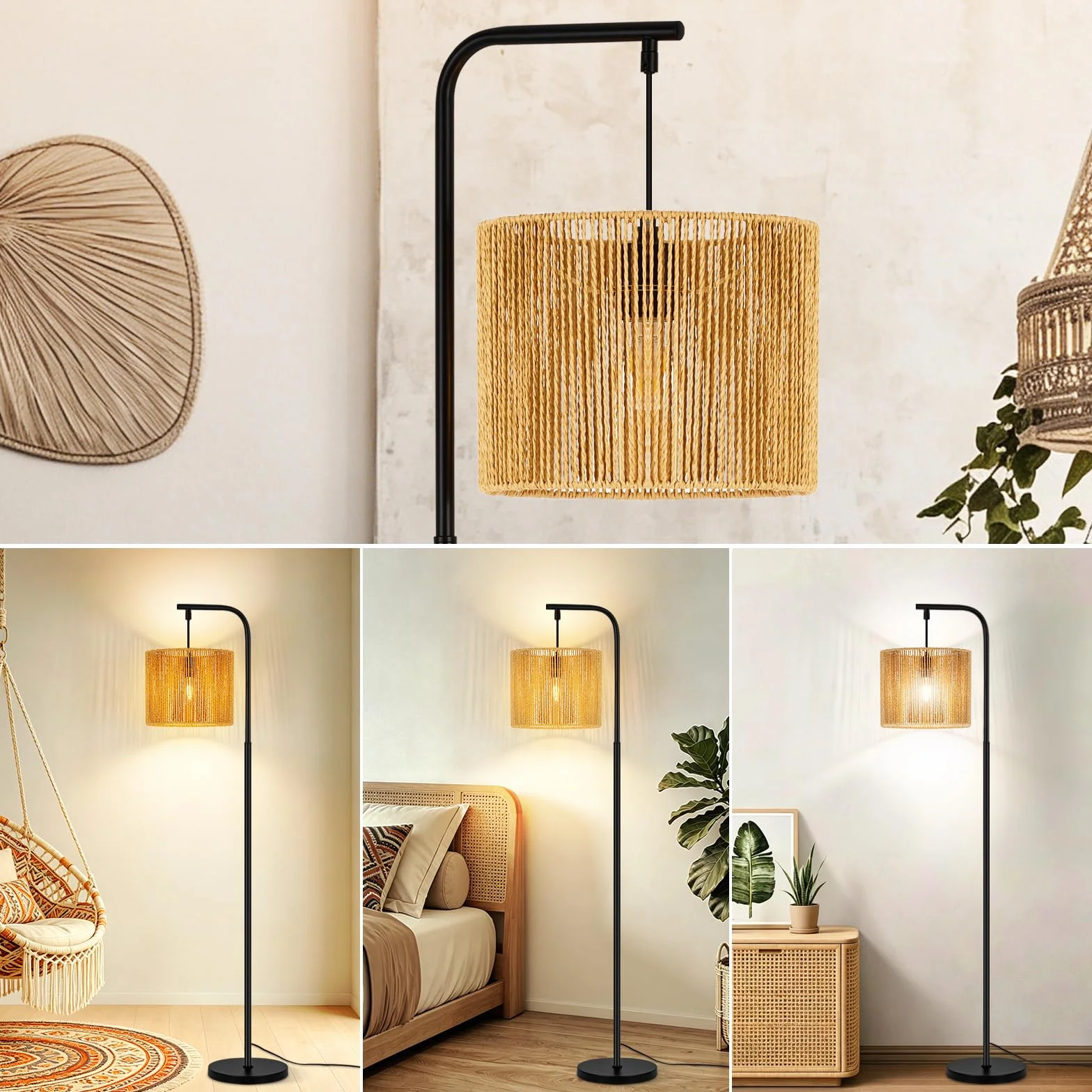lampa podłogowa boho nowoczesna łukowa konstrukcja z czarnym | linowym abażurem włącznik nożny gniazdo E27 Idealna do salonu sypialni biura czy tarasu
