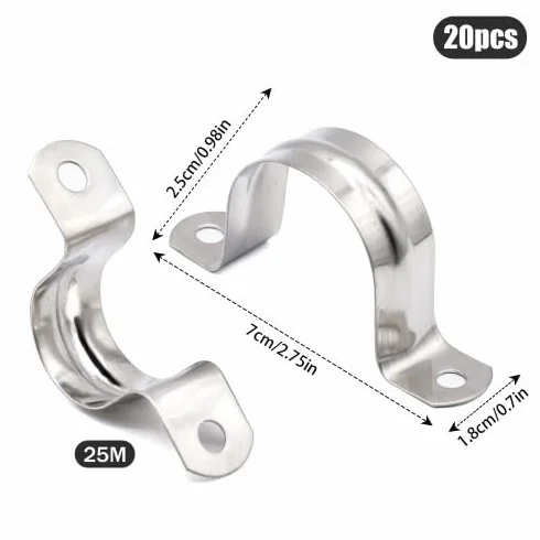 20 sztuk obejmy do rur w kształcie litery U, 25 mm, metalowe, dwuotworowe, zestaw obejm kablowych w kształcie litery U, stal nierdzewna 304, obejmy do węży, do mocowania rur gazowych, rur wodnych