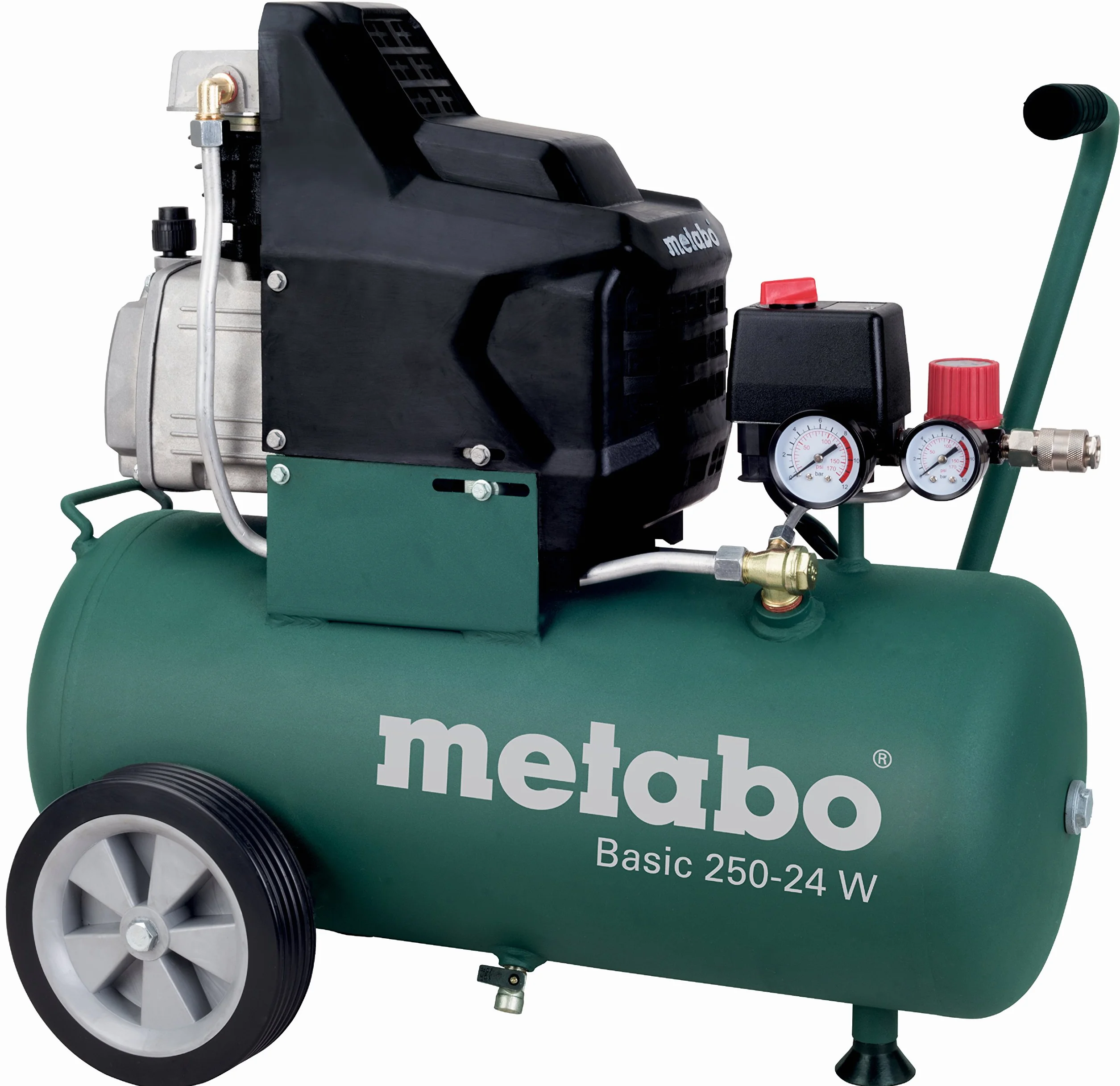 Metabo kompresor Basic 250-24 W – 601533000 – Kompresor z mocnym silnikiem i zbiornikiem 24 l – Długość kabla 1,5 m [klasa energetyczna A+]
