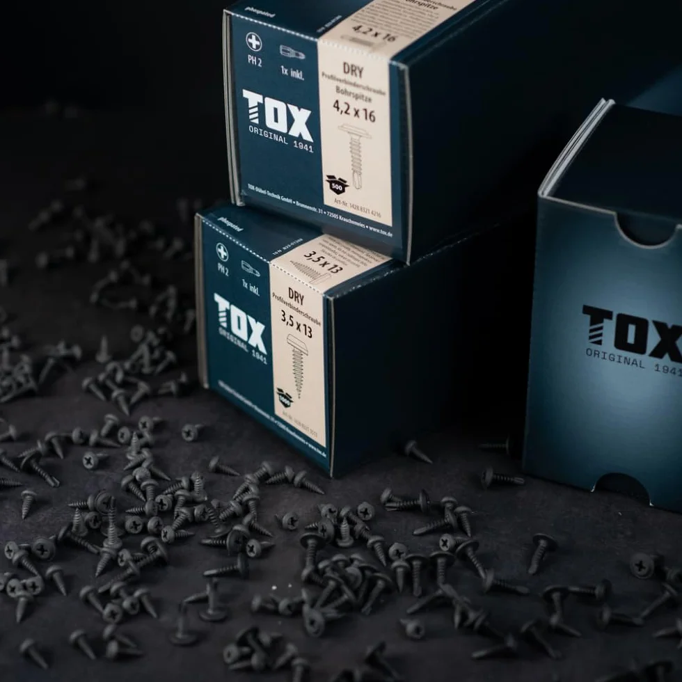 TOX Śruby łączące profilowe DRY PV BS 4,2 x 16 mm, czarne fosforanowane, łeb talerzowy, końcówka wiertnicza, 500 sztuk