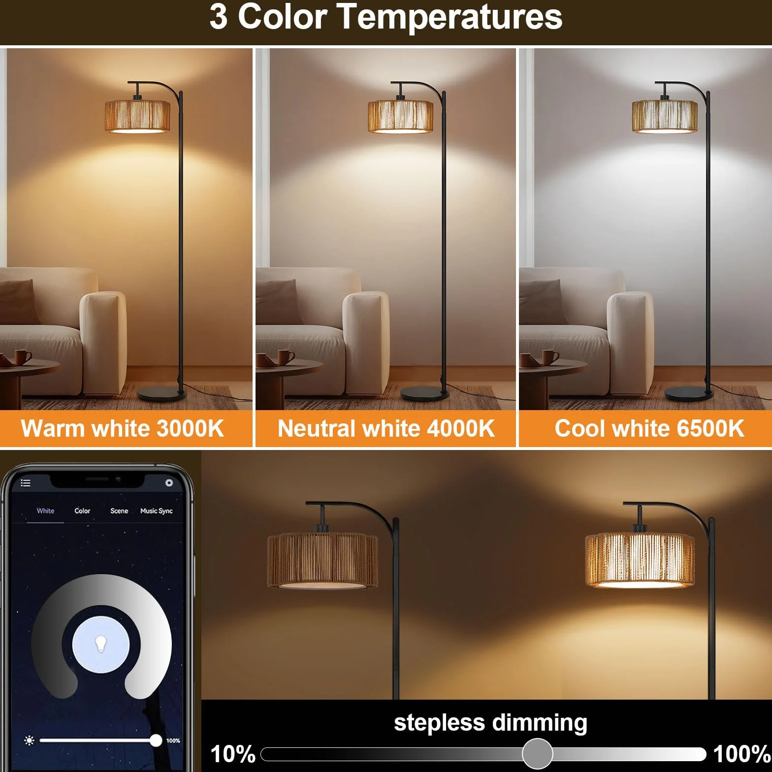 Lampa stojąca do salonu, rattanowa, RGB, ściemniana, lampa stojąca z pilotem zdalnego sterowania i sterowaniem za pomocą aplikacji, funkcja timera, DIY i tryb muzyki, E27 lampy stojące do
