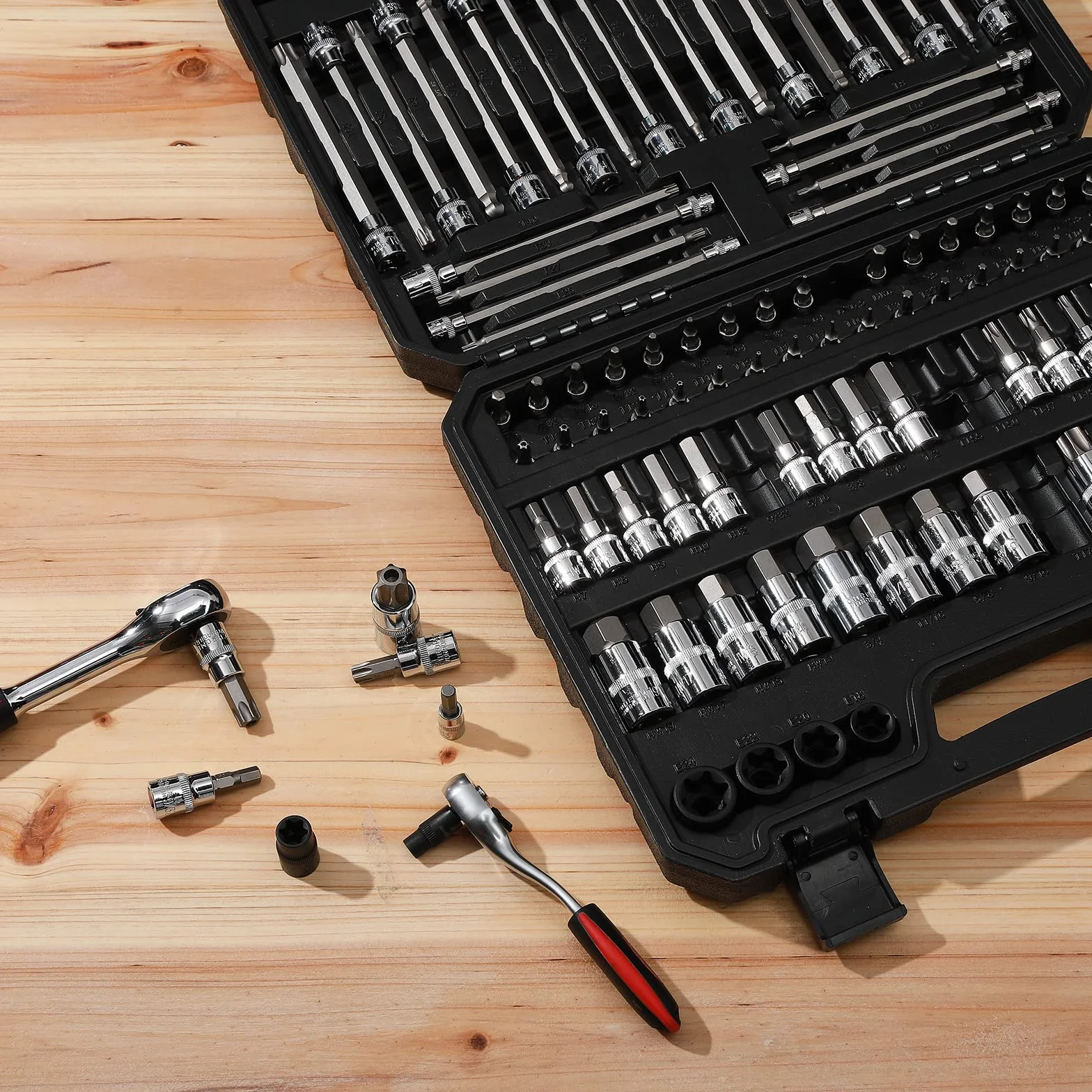 Mayouko Zestaw nasadek bitowych 107 sztuk, 1/10.2 cm, 3/20.3 cm i 1/5.1 cm, Torx/Extra Long Torx/Tamper Proof Torx/Hex/Ball End Hex, SAE/Metric, S2 stalowe bity
