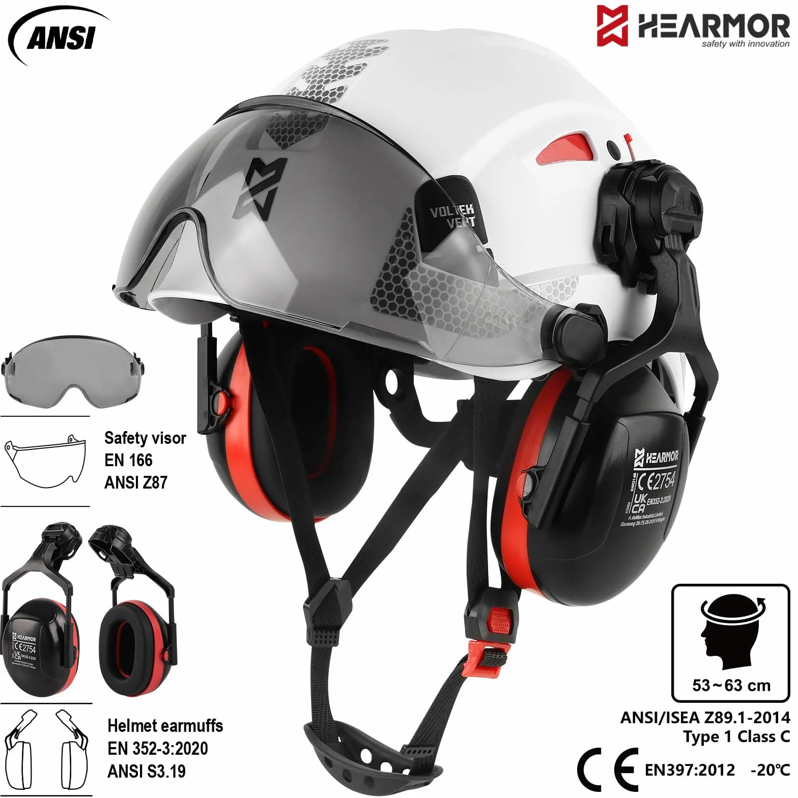 HEARMOR Kask ochronny 3 w 1 z ochroną słuchu i wizjerem, kask roboczy z certyfikatem EN 397 do prac leśnych, budowlanych i wspinaczkowych, łącznie z przenośną torbą i chłodzącą wkładką do kasku