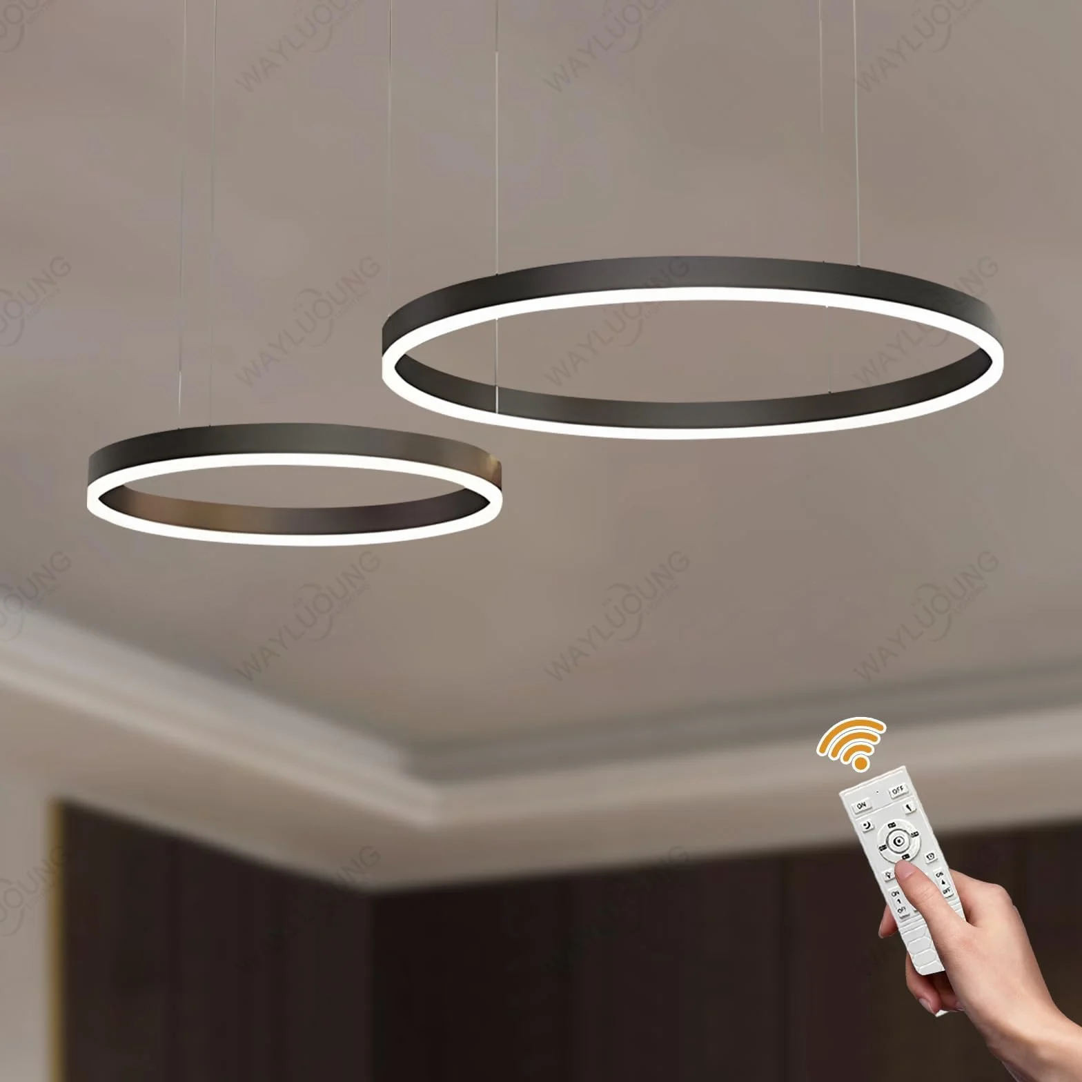 LED Żyrandol Metalowy | 2 Koła 40+60cm | 40W Lampa Wisząca Sufitowa Pierścieniami, Pilot Możliwością ściemniania 3000-6000K Lampa Wisząca Akrylowym Kloszem Sypialnia Przedpokój Czarny
