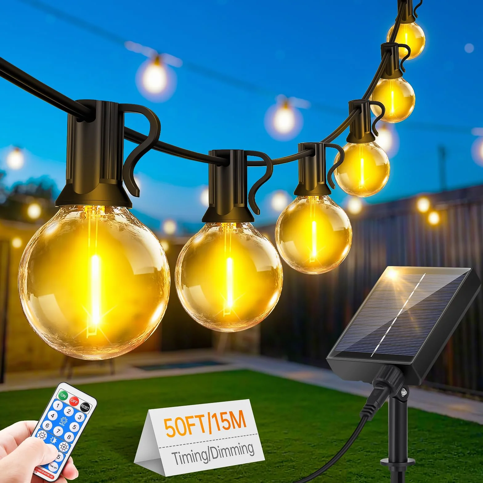 Solarna girlanda świetlna LED, 15 m, zewnętrzna girlanda oświetleniowa LED, z pilotem zdalnego sterowania, 20 + 1 żarówek, 8 trybów, IP44, wodoodporna, do ogrodu, na balkon, wesele, dekoracja