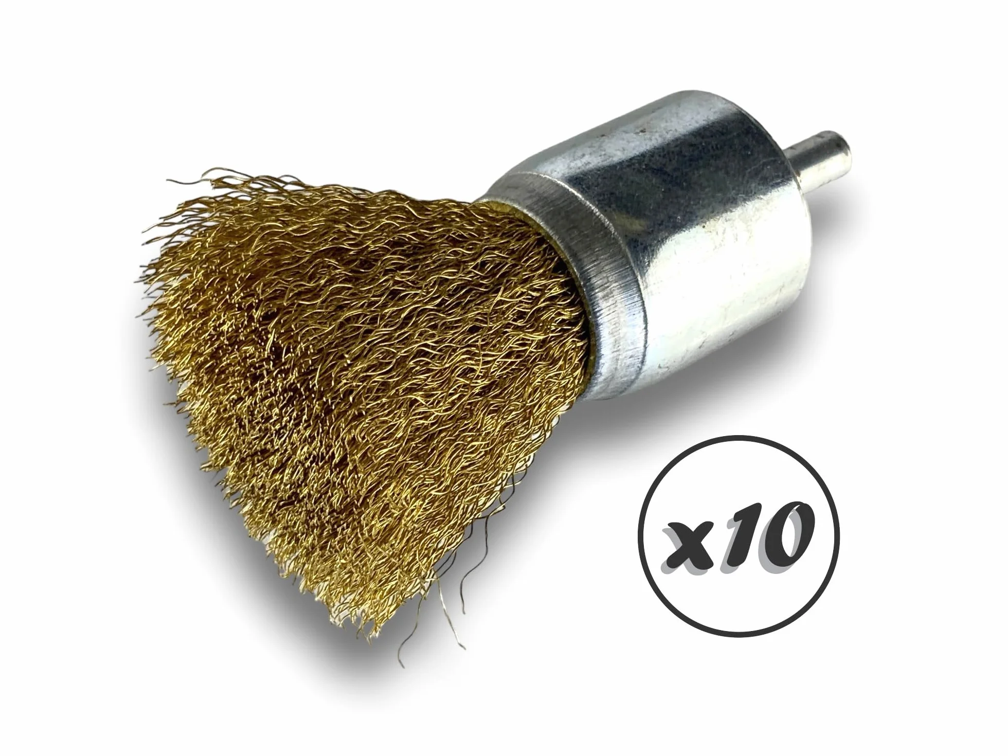 Zestaw 10 metalowych szczoteczek obrotowych z końcówką Ø 28 mm | Kształt pędzla na trzonku Ø 6 mm | Drut LAITON Ø 0,20 mm miękki | Do wiertarki lub wkrętarki z uchwytem | Szczotkowanie i zdejmowanie |