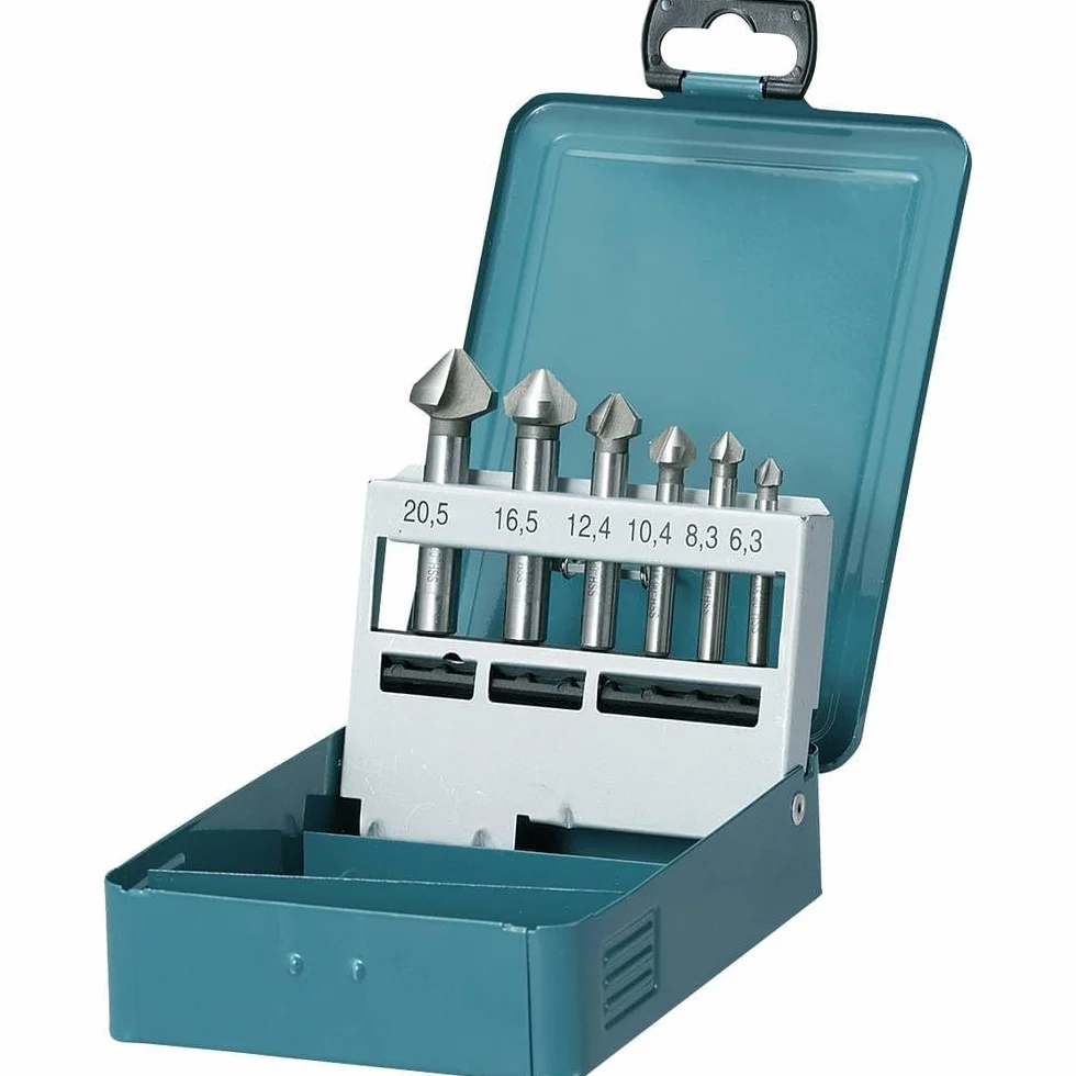 Makita D-42204 6-częściowy zestaw pogłębiaczy stożkowych w metalowej kasecie, cięcie 90°, Ø 6,3 – 20 mm, stal HSS, do np. metalu, metalu nieżelaznego lub drewna, DIN335, trzpień okrągły