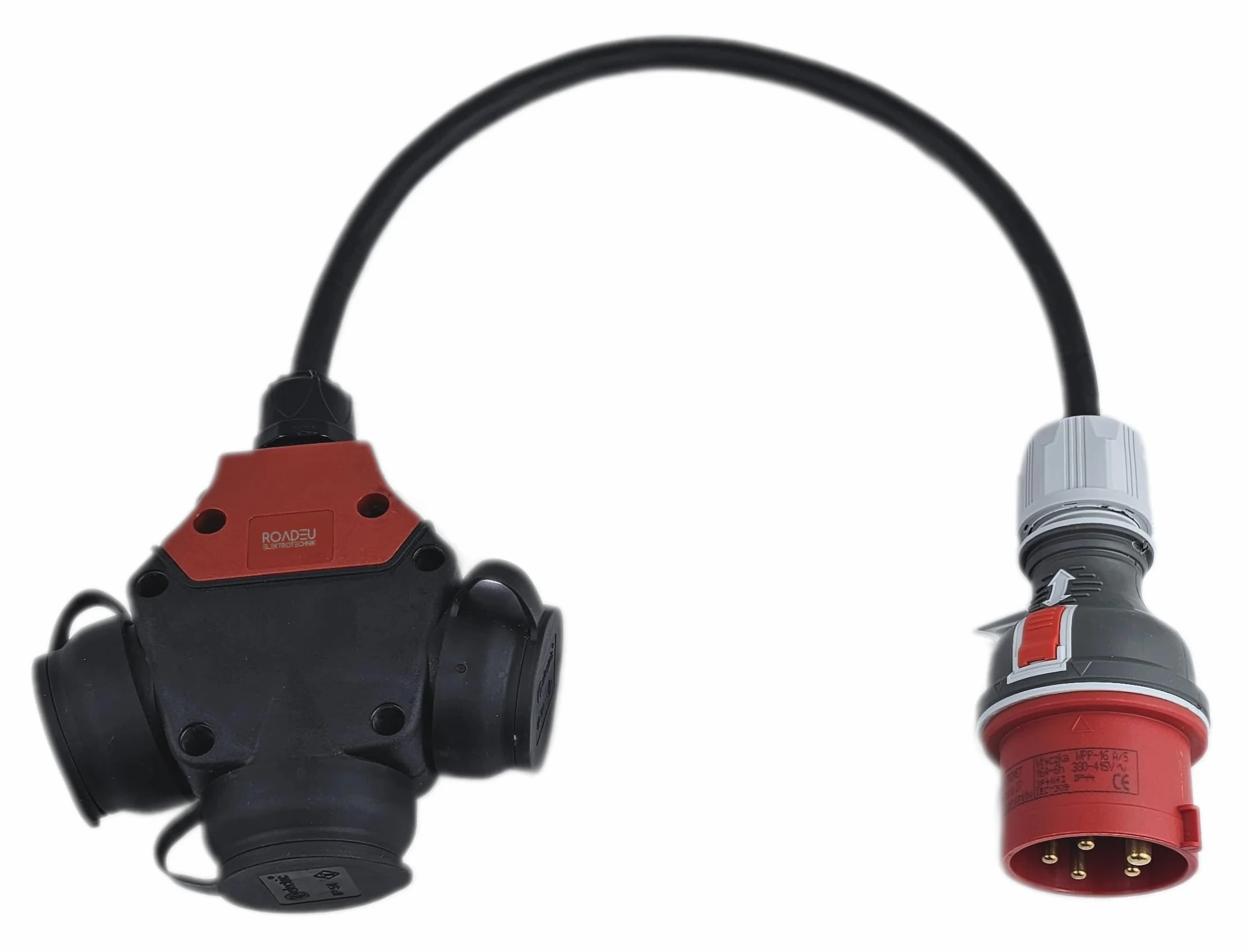 RoadEu Adapter przemysłowy przedłużający 0,5 m, adapter CEE 16A 380V do 220V z 3 gniazdami 230 V, przewód gumowy 5 x 2,5 mm², idealny do garażu, szopy lub fabryki