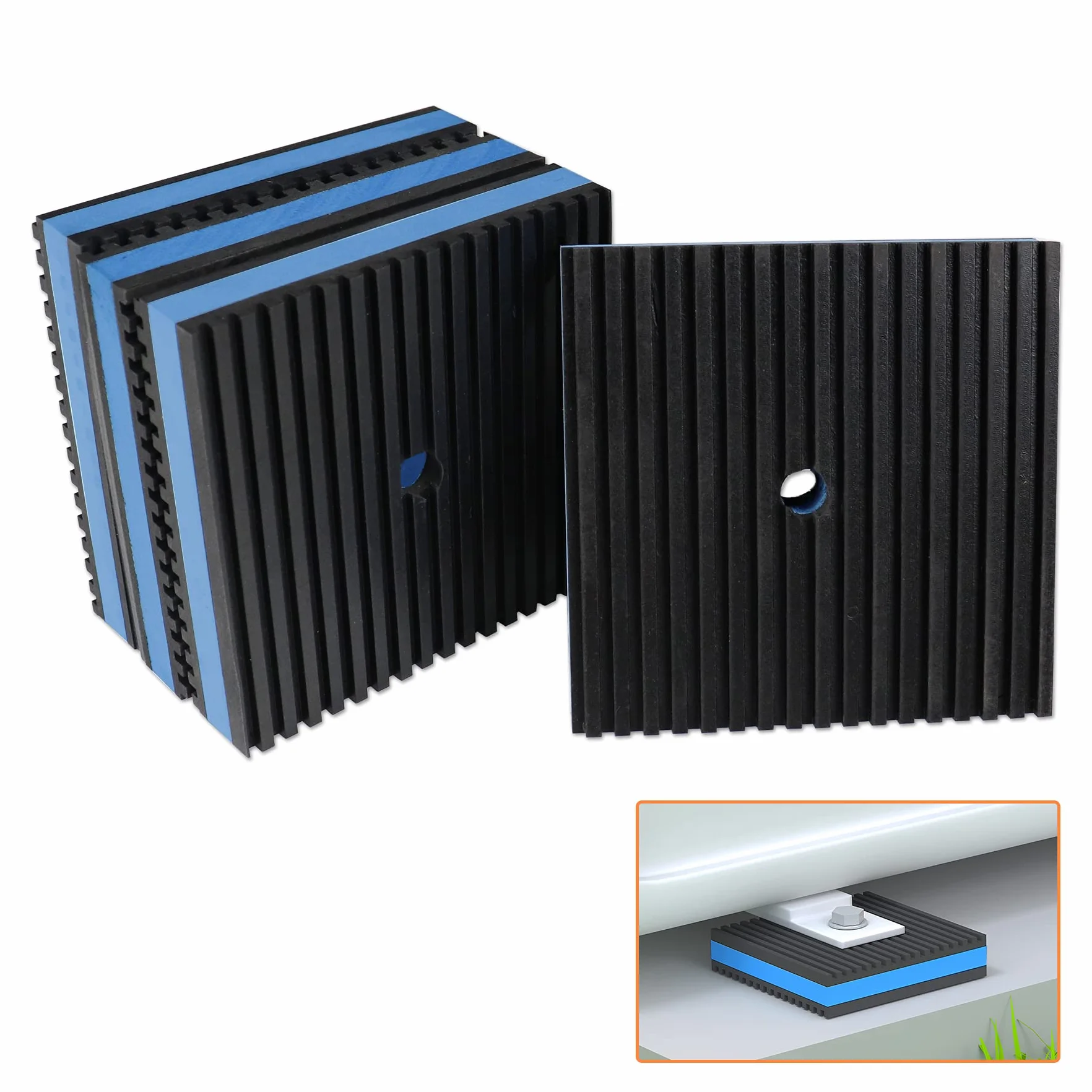GCGOODS Gumowa podkładka antywibracyjna, 10 cm x 10 cm x 7/20.3 cm, wytrzymała, prążkowana guma z niebieskimi podkładkami izolacyjnymi EVA, do klimatyzatorów, sprężarki powietrza, bieżni, pralki i