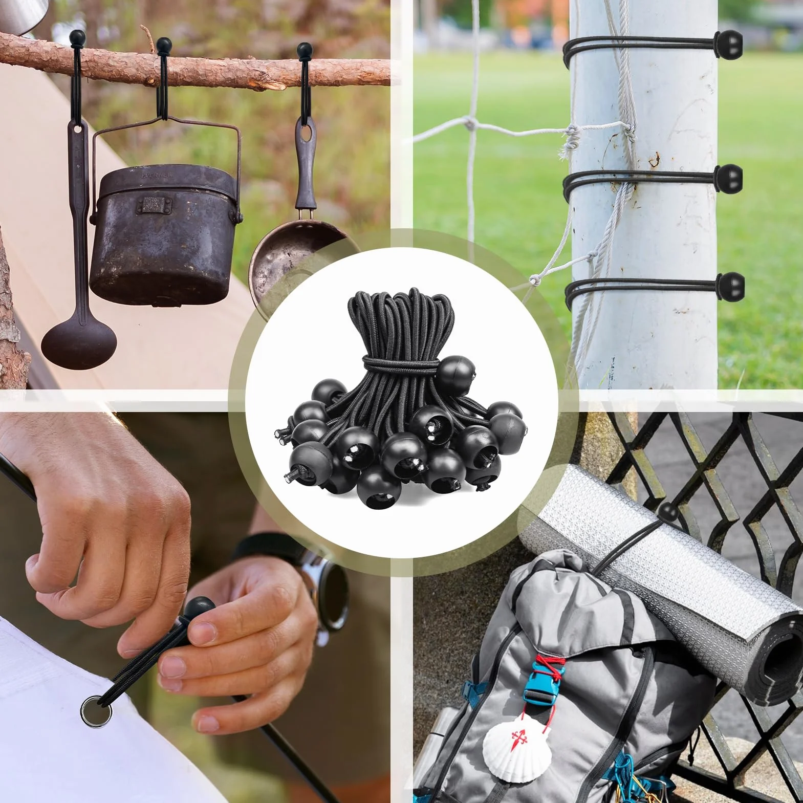 Moinkerin 30 czarnych gumek napinających z kulką, wodoodporne i odporne na promieniowanie UV, zestaw 15 cm, do mocowania plandek, namiotów kempingowych i codziennego przechowywania
