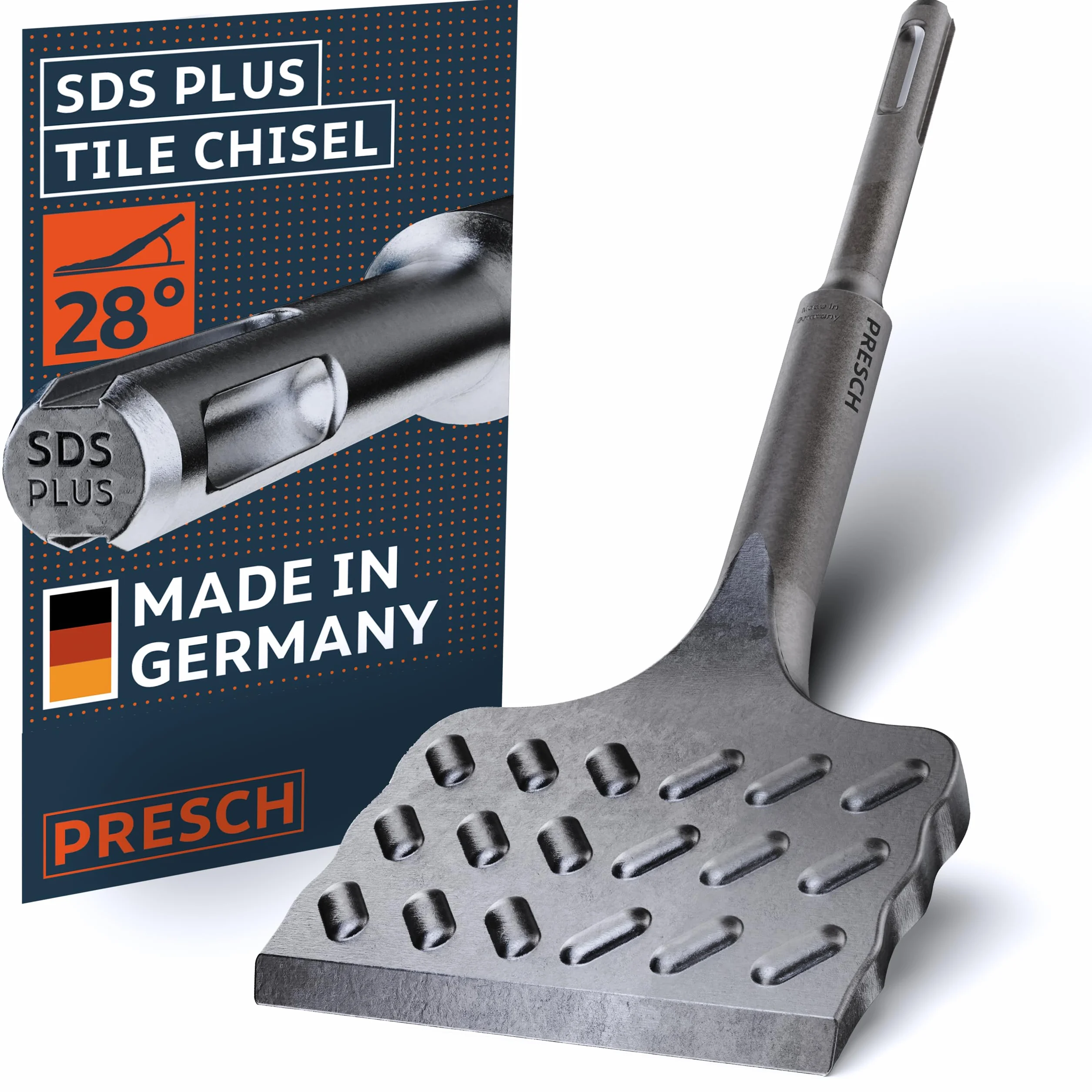 PRESCH Dłuto do płytek SDS plus - B75mm x L165mm - Kątowe 28° - Profesjonalna stal narzędziowa (42CrMo) - Niezwykle wytrzymałe - Do płytek i kleju do płytek - Dłuto do młotów obrotowych