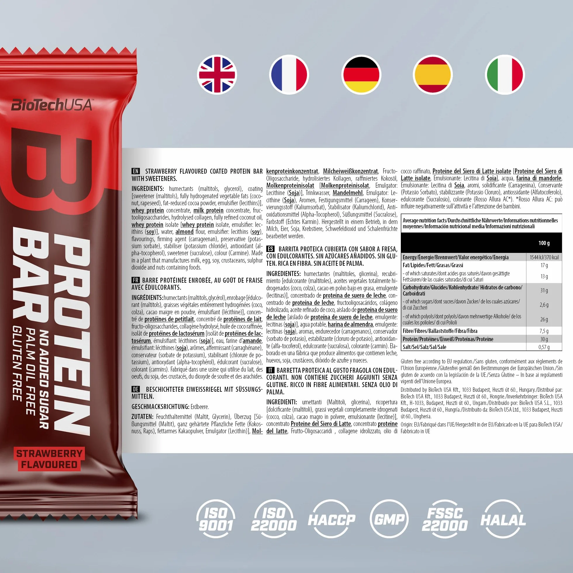 BioTech USA Protein Bar Strawberry 16 x 70 g Riegel