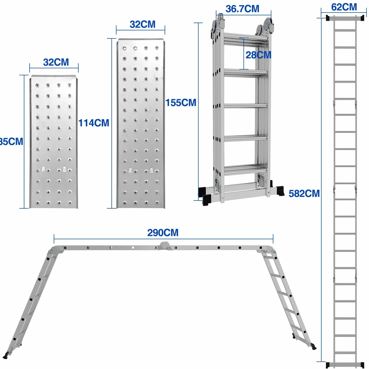 Sonnewelt Aluminiowa drabina wielofunkcyjna 6 w 1, 5,8 m, 4 x 5 stopni z platformą | 5,8 m aluminiowa drabina 6 w 1 do 150 kg, z platformą, kółkami, antypoślizgowymi nóżkami i blokadą bezpieczeństwa