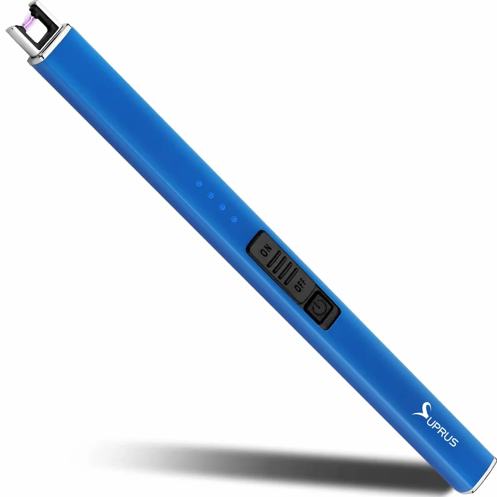Suprus Zapalniczka świecąca w ciemności, elektryczna zapalniczka do świec, zapalniczka łukowa USB z blokadą zabezpieczającą, wiatroodporna, bezpłomieniowa plazma (niebieska)