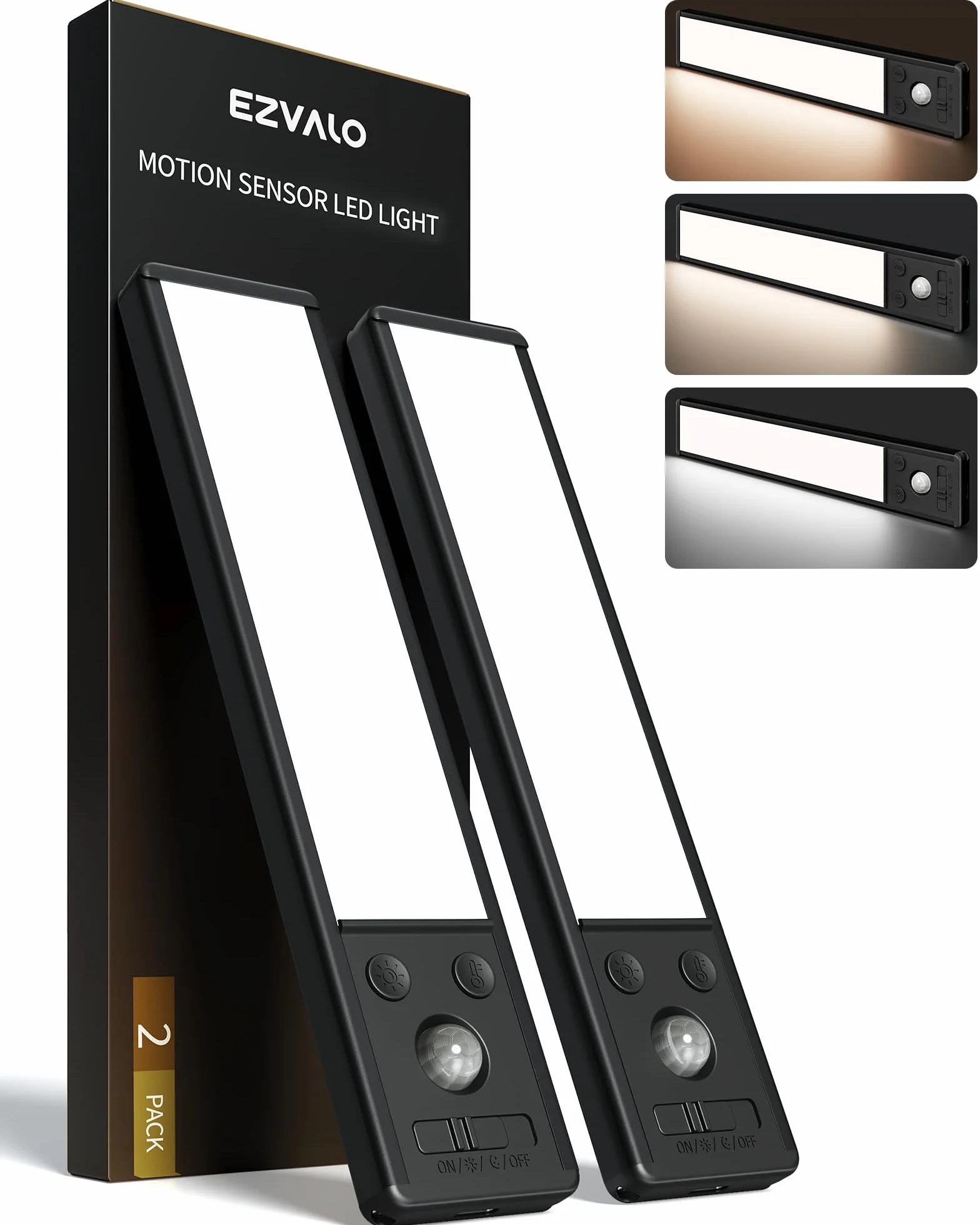 EZVALO Oświetlenie szafki LED 20 cm, 62 diody LED, bezprzewodowe, z czujnikiem ruchu, 2400 mAh, ładowane, 3 tryby kolorów, możliwość ściemniania, oświetlenie szafy, kuchni, czarne (2 sztuki)