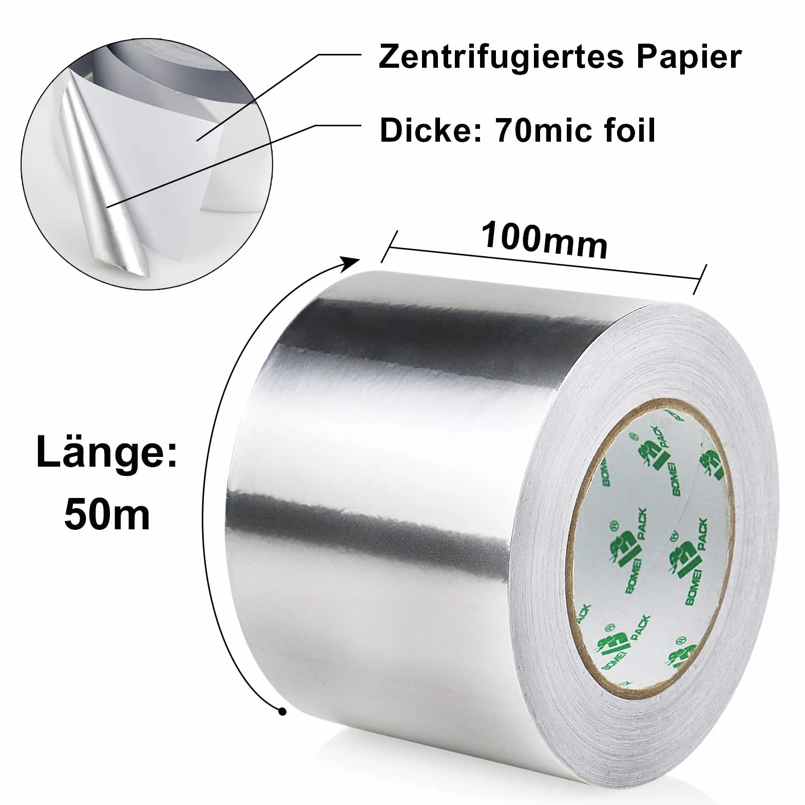 BOMEI PACK Aluminiowa taśma klejąca 100 mm x 50 m, wodoodporna, odporna na wysokie temperatury