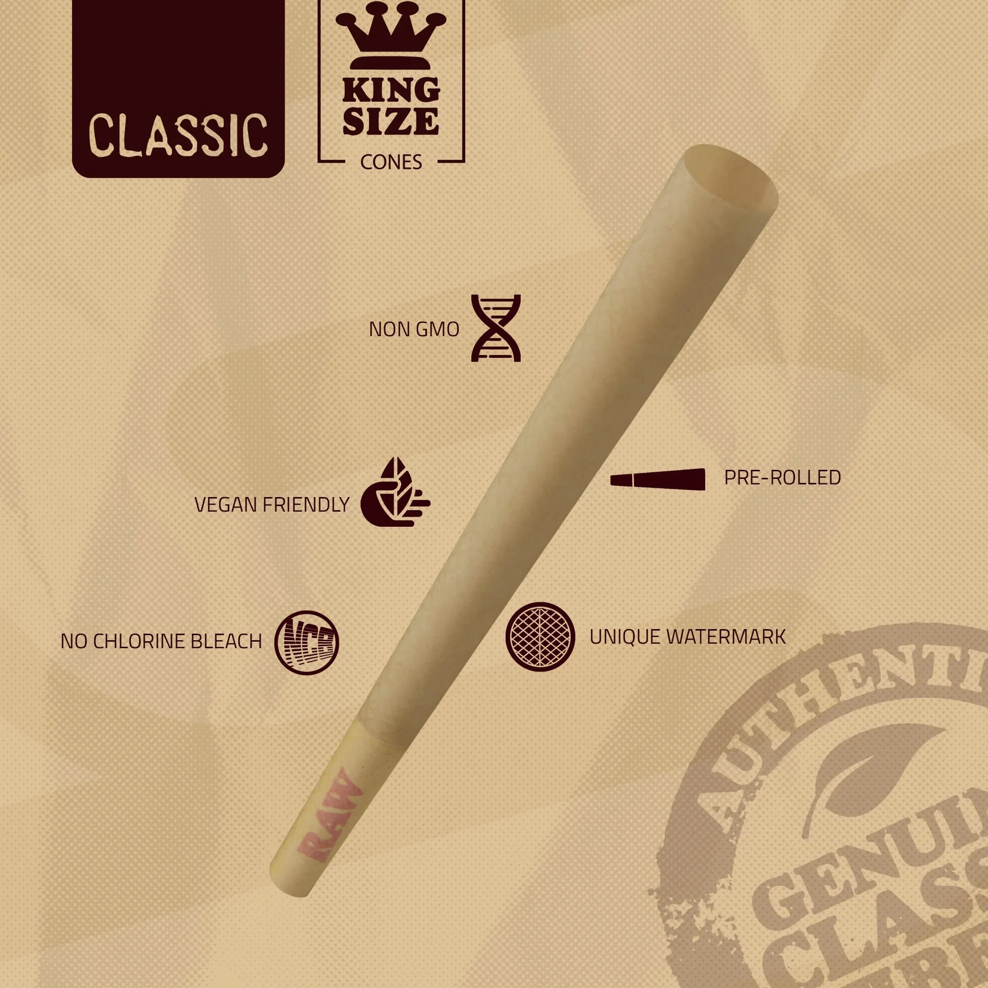 RAW Stożki Classic King Size, 50 sztuk, naturalny wstępnie zwinięty papier do ciasta z końcówkami i patyczkami do pakowania w zestawie