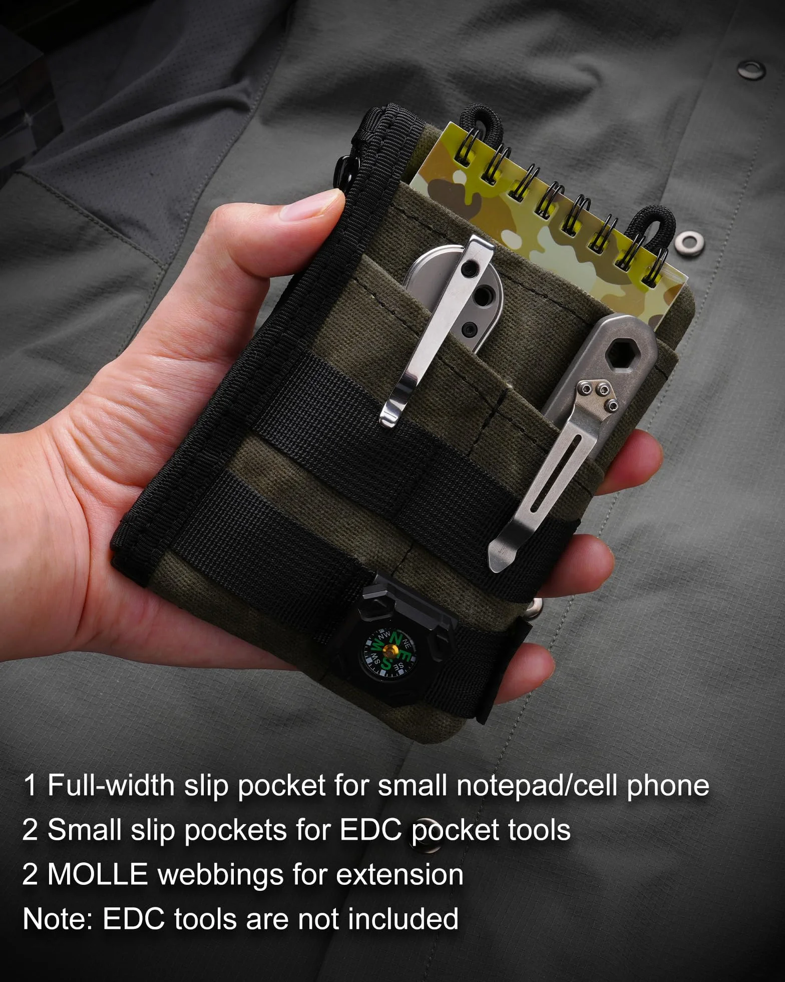VIPERADE VE18N-OW smukła torba EDC z woskowanego płótna, minimalistyczny portfel dla mężczyzn, organizer EDC na multitool (Zielony)