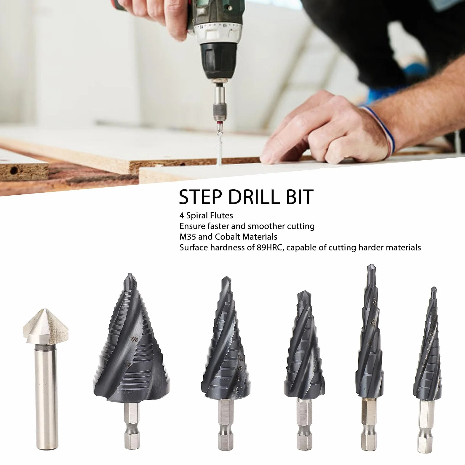 Wiertło Pagoda, Powszechnie Używany Zestaw wierteł Stopniowych, trzpień 1/4, Wysoka twardość do Płytek ze Stali Nierdzewnej