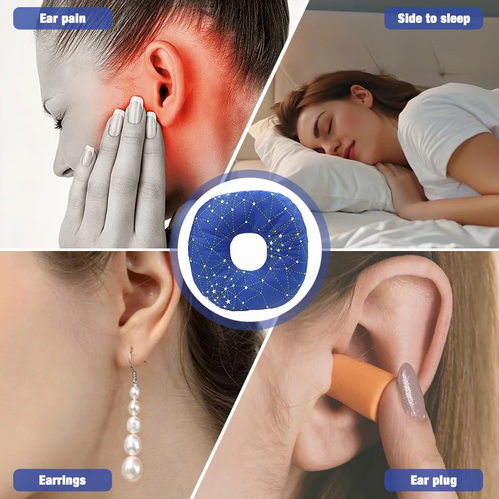 Piercing Poduszka z otworem, poduszka w kształcie pączka do ucha przeciw bólowi ucha, poduszka do przekłuwania uszu, poduszka do spania po stronie łagodzenia bólu ucha Che-niebieska