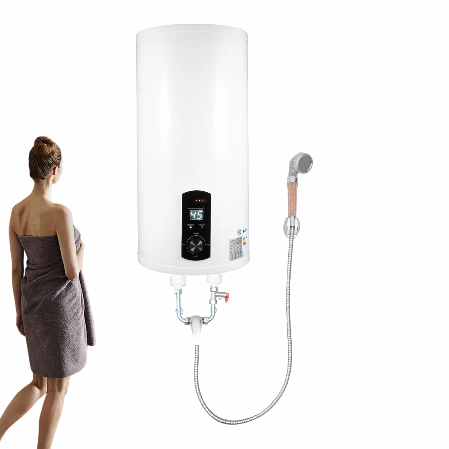 Bojler 50 l, 2 kW, energooszczędny elektryczny podgrzewacz wody 77-167 ℃, z cyfrowym panelem sterowania, zestaw z kranem, słuchawką prysznicową, G1/2