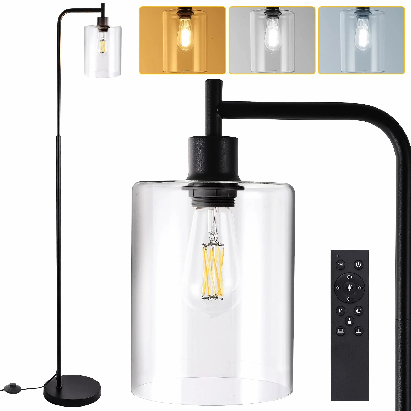 Lampa stojąca LED, ściemniana, 2700 K-6500 K, pilot zdalnego sterowania i obsługa nożną, lampa stojąca w stylu retro, nowoczesna lampa do czytania do sypialni, biura, studia, czarna, 166 cm