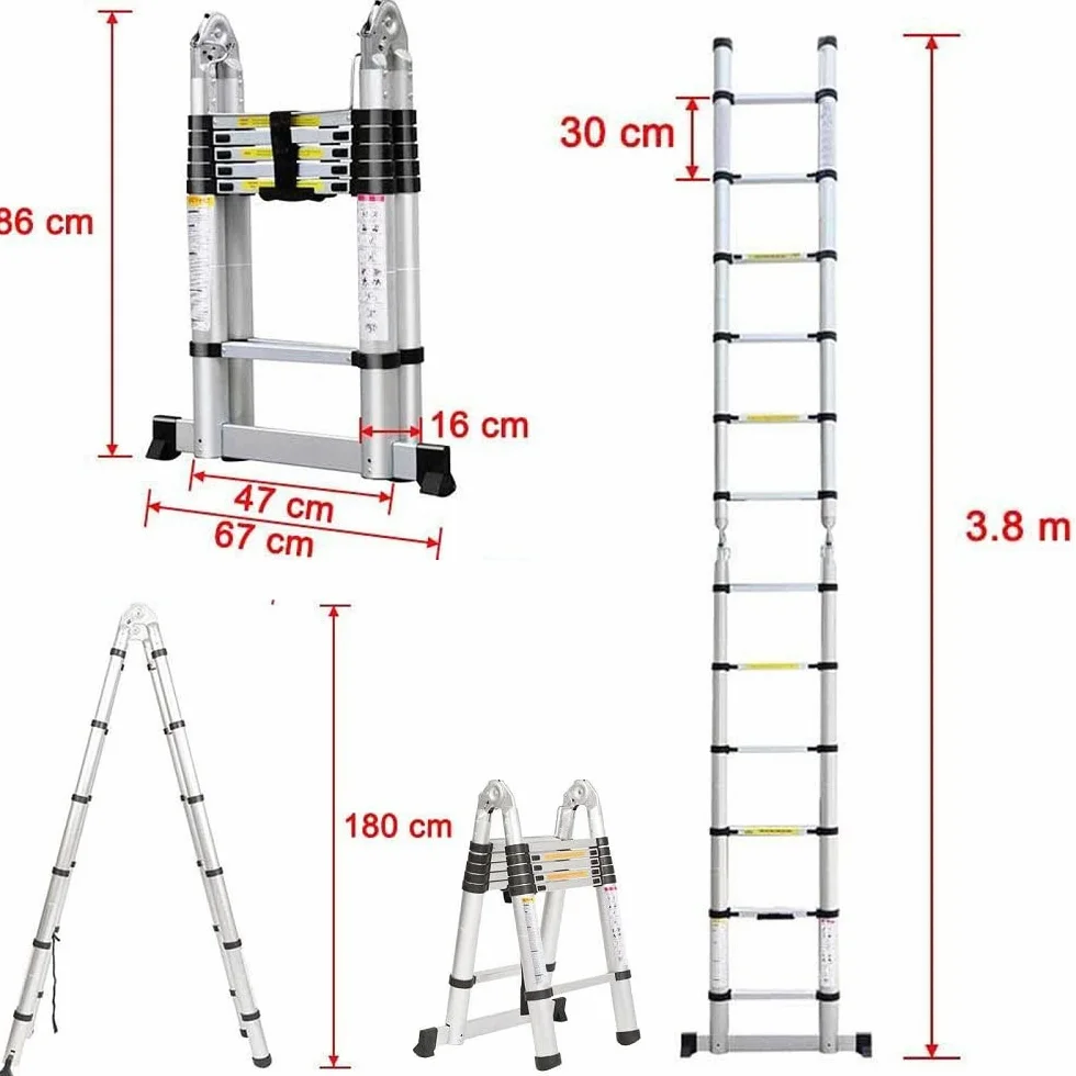 Drabina teleskopowa z chowanymi szczeblami, składana aluminiowa teleskopowa drabina rozkładana, nośność 150 kg (3,8 m. 1,9 m + 1,9 m)