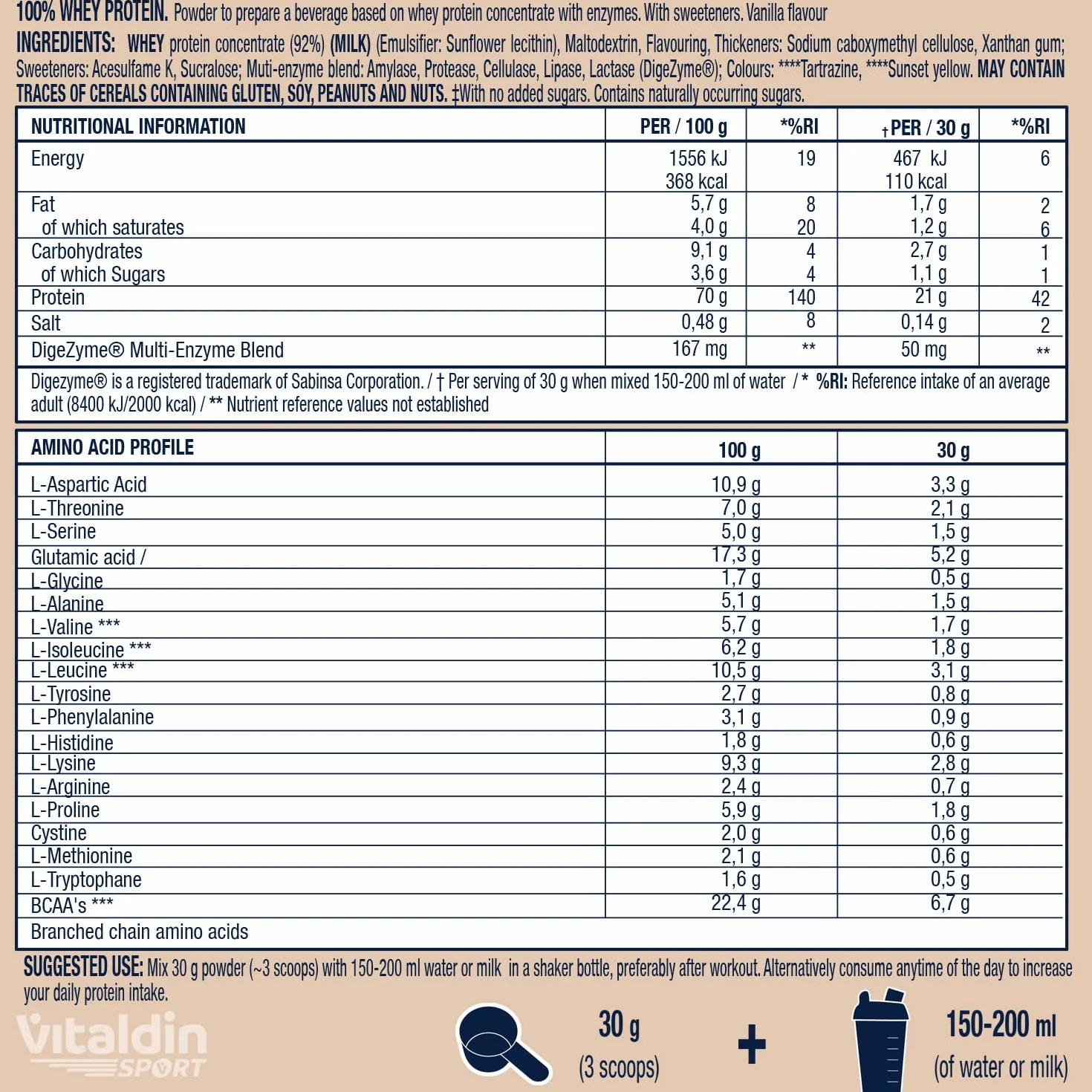 VITALDIN SPORT 100% Whey Protein Vanilla 500 g – 100% białko serwatkowe w proszku z Digezyme – budowa mięśni i regeneracja – smak waniliowy – 6,7 g BCAA na porcję – bez dodatku cukru
