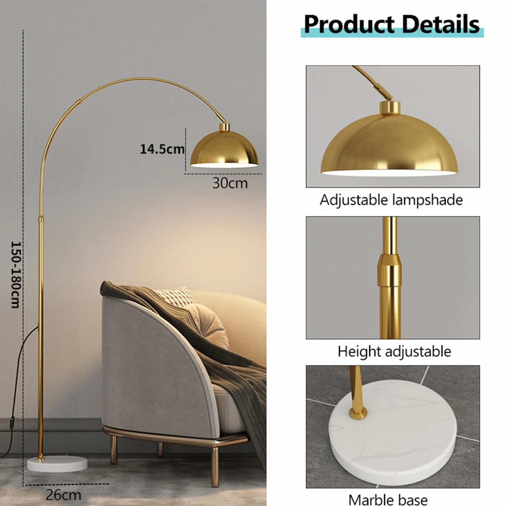 Lampy podłogowe lampa łukowa do salonu z pilotem zdalnego sterowania, 178 cm, lampa stojąca z żarówką, bezstopniowa ściemniana lampa do czytania do sypialni, złota