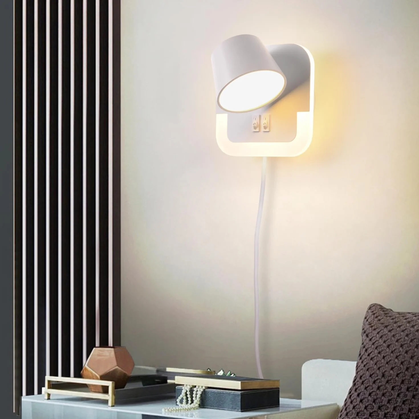 Lampa kinkiet LED, lampka nocna do czytania ściany Z kablem i wtyczką, 4W+8W lampka do czytania książki nocnej, lampka nocna sypialni kinkiet Z wyłącznikiem, Obrotowa głowica lampy, Biały