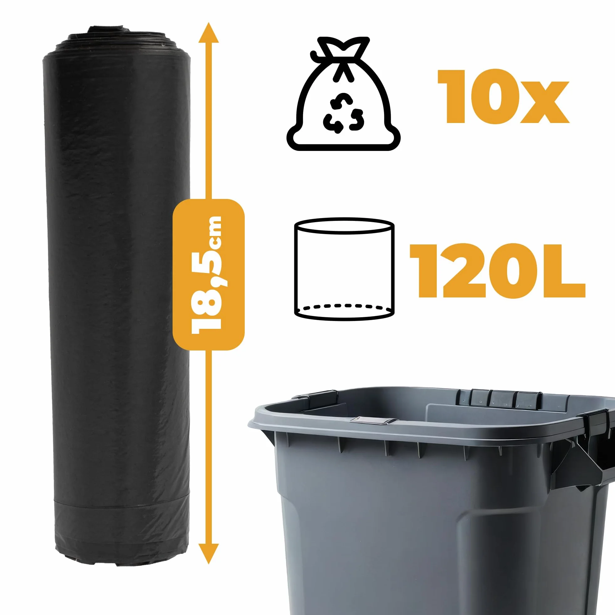 Worki na Śmieci Bardzo Mocne 120L Rolka 10 szt Wytrzymałe Materiał LDPE w Rulonie do Pracy, Domu, Garażu Neutralizujące Zapach