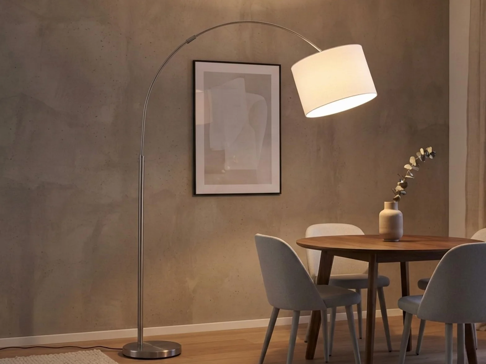 meineWunschleuchte Lampa łukowa z regulacją wysokości z abażurem z materiału w kolorze białym, maks. wysokość 215 cm