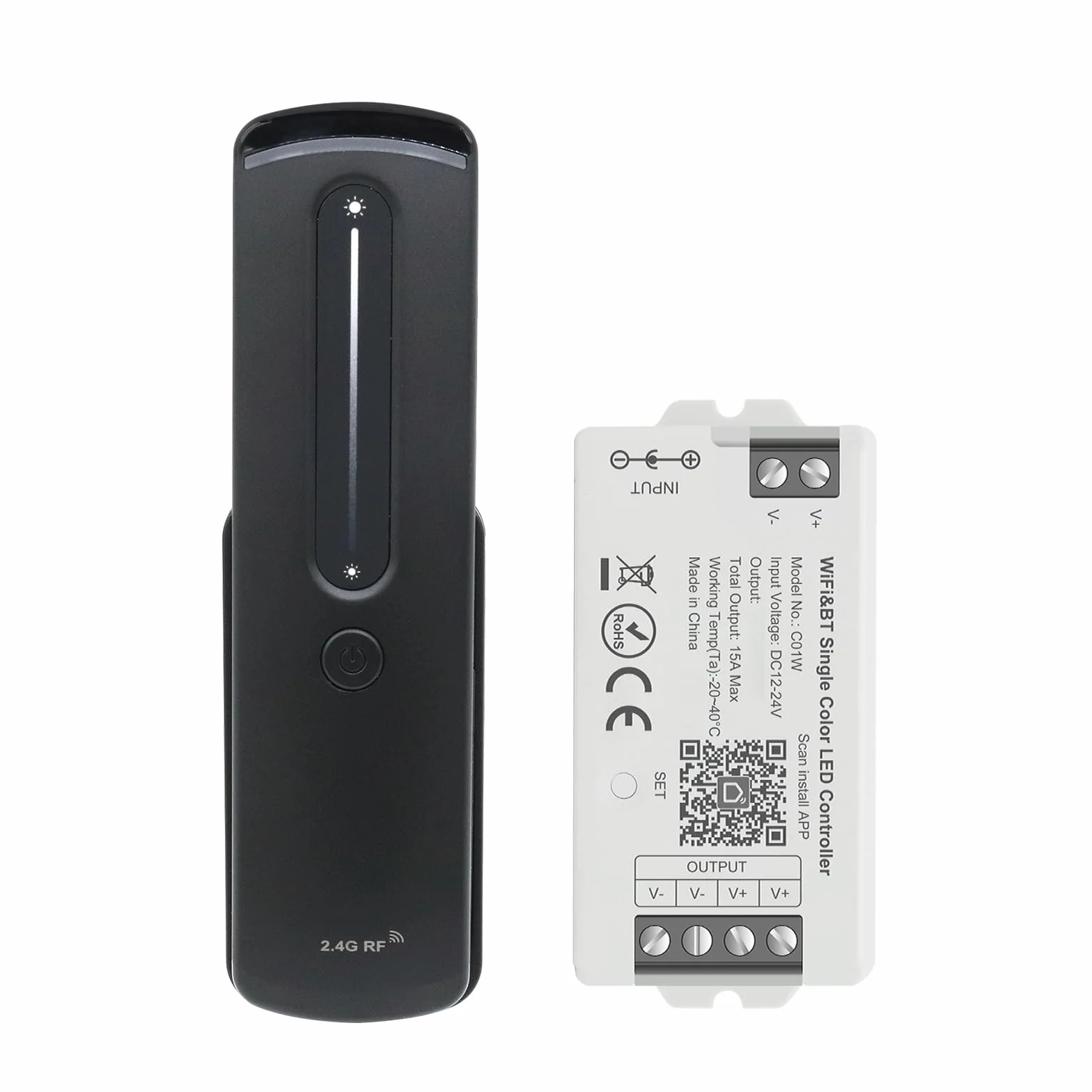 Ściemniacz LED WiFi Single Colour 12 V/24 V – Smart Home Controller z aplikacją Tuya/Smart Life, automatyczne przełączanie Bluetooth, moc 15 A, 2 x V +/V, 2,4 G RF Touch pilot zdalnego sterowania z