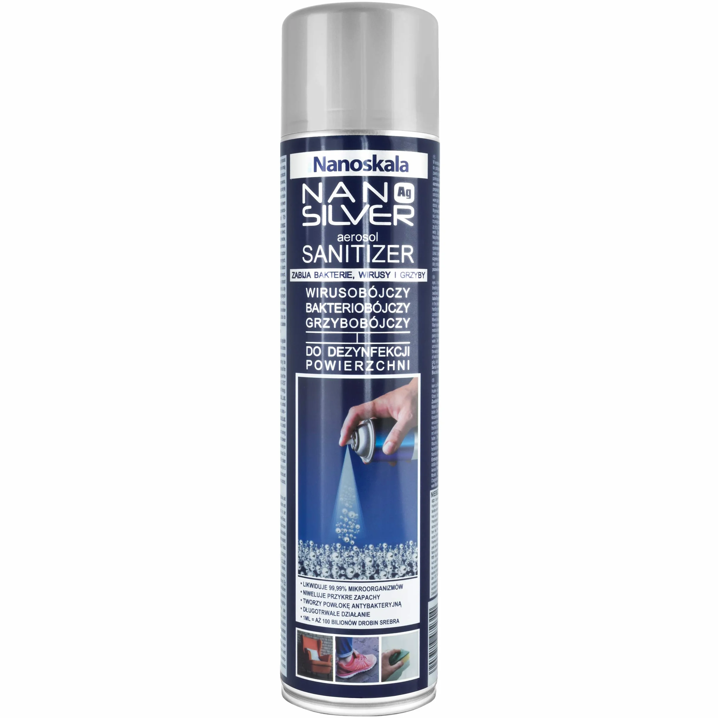Nano Silver Spray Dezynfekujący 80% Alkoholu, 100 Bilionów Aktywnych Nanocząsteczek Srebra w 1 ml, Antybakteryjny, Przeciwwirusowy, Przeciwgrzybiczy, Tworzy Warstwę Ochronną, Butelka 125 ml