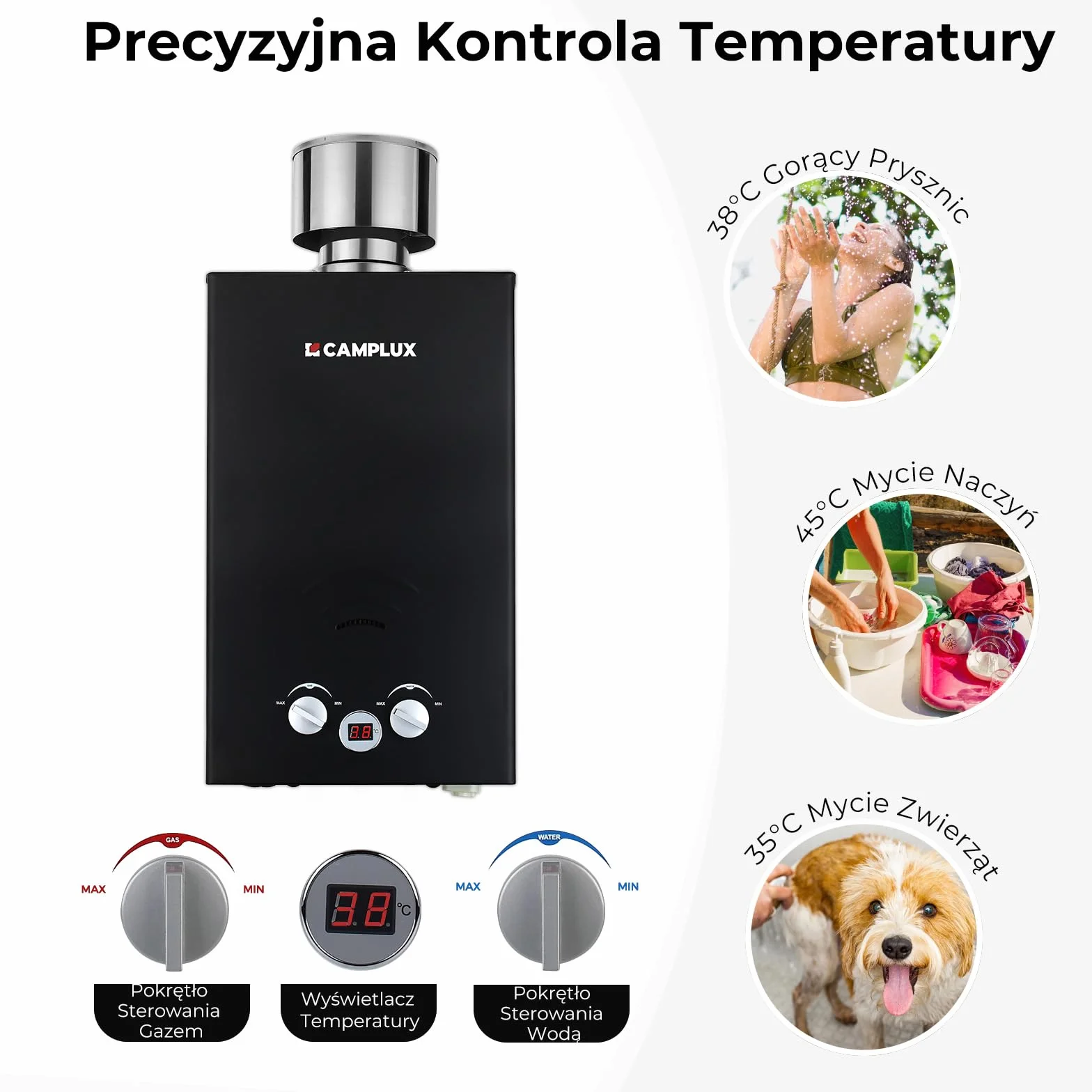 Camplux BW264BC 10L gazowy podgrzewacz wody z pokrywą przeciwdeszczową, certyfikat CE GAR, do użytku na kempingu, w kamperze, myciu koni