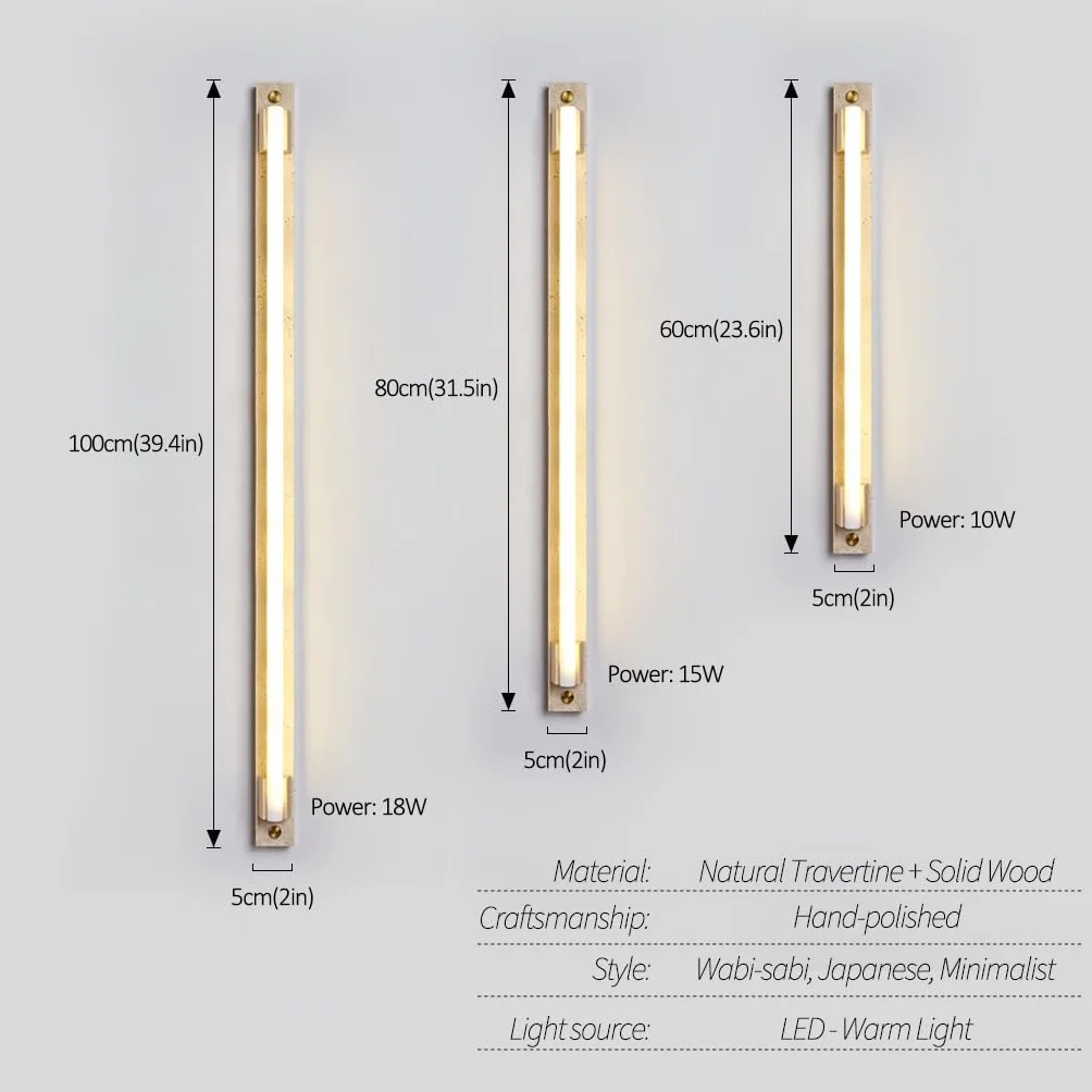YUPIN Wabi Sabi Minimalistyczna Lampa Ścienna Z Trawertynu Długa LED Lampa Ścienna Z Naturalnego Kamienia Z Drewnianą Nowoczesna Liniowa Kinkiet W Skandynawskim Do Salonu Korytarza Sypialni(B,100cm)