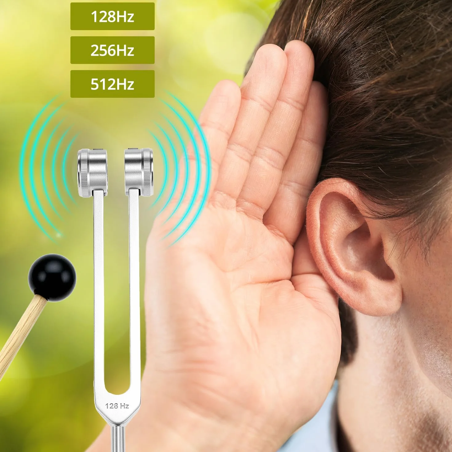 QWORK® Zestaw widelców tuningowych, 128 Hz, 256 Hz, 512 Hz, wysoka precyzja do uzdrawiania, medytacji, terapii dźwiękiem – w zestawie młotek silikonowy