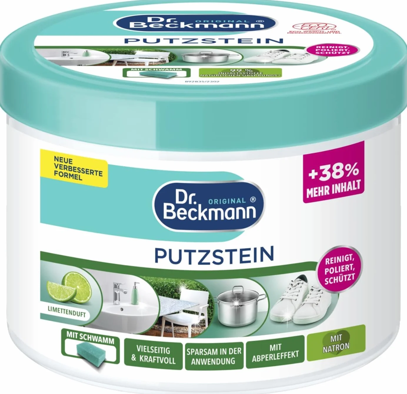 Dr. Beckmann Putzstein Uniwersalna pasta czyszcząca, środek czyszczący do całego gospodarstwa domowego w zestawi gąbka do czyszczenia, 550 g