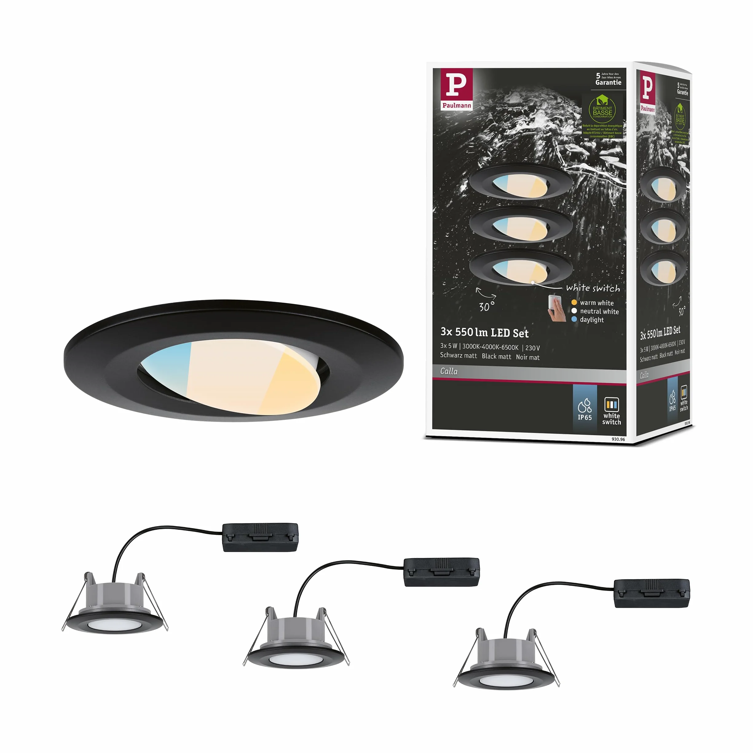 Paulmania LED oprawa wpuszczana Calla zestaw 3 szt. IP65 90mm 30° 550lm White Switch 5W czarny matowy 3000K