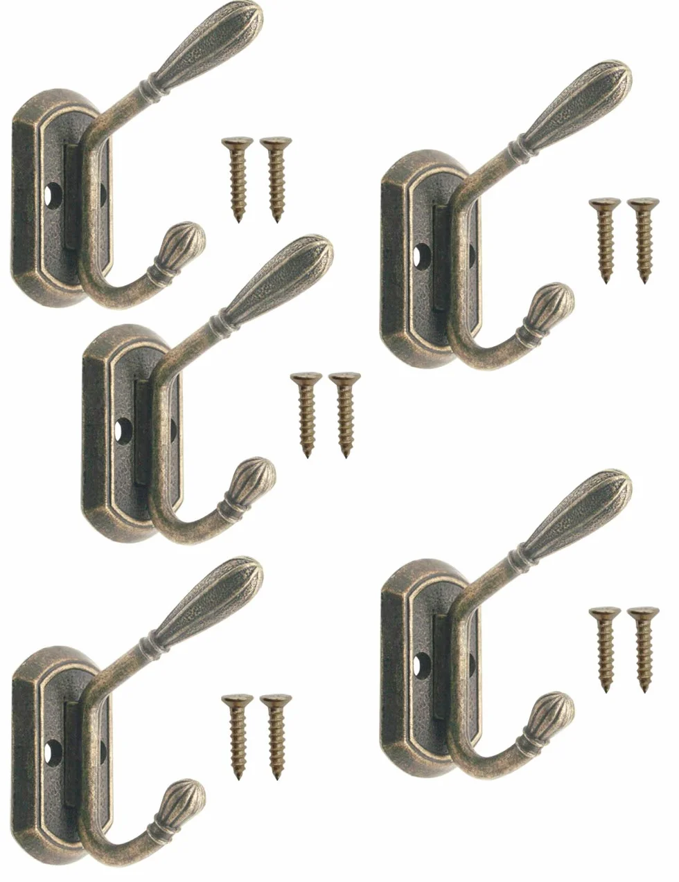 FUXXER® – klasyczne wieszaki na ubrania, podwójne haki, wieszaki na ubrania, żelazne haki, metalowe haczyki, żeliwne wzornictwo, styl vintage, styl dworkowy, 60 x 50 mm, zestaw 5 sztuk, brąz