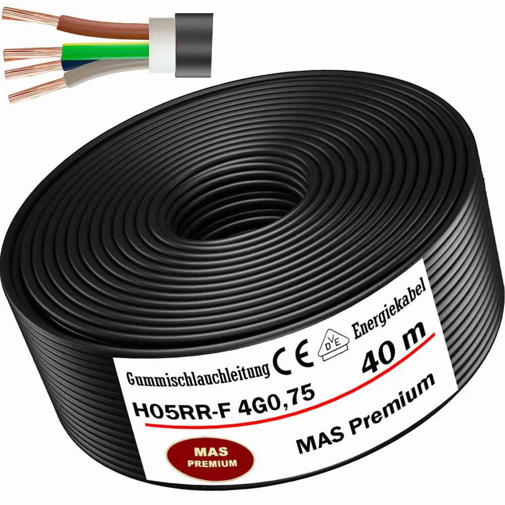 Przewód gumowy od 5 do 100 m, kabel zasilający na plac budowy H05RR-F 4G 0,75 mm², elastyczny przewód do urządzeń ręcznych i lekkich urządzeń (40 m)