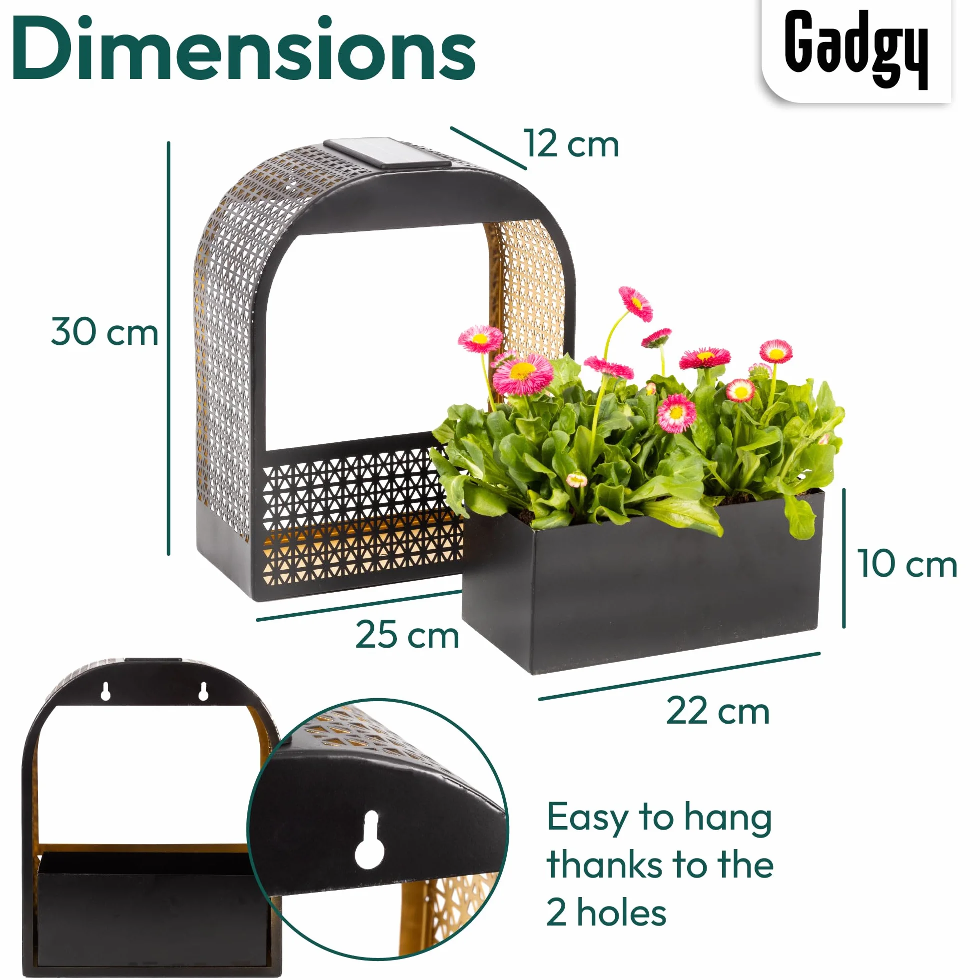 Gadgy Solarna lampa ścienna z doniczką – wazon ścienny, ciepłe, białe światło, dekoracja ścienna, balkon, kwietnik z oświetleniem, odporne na warunki atmosferyczne, oświetlenie ogrodowe, tarasy